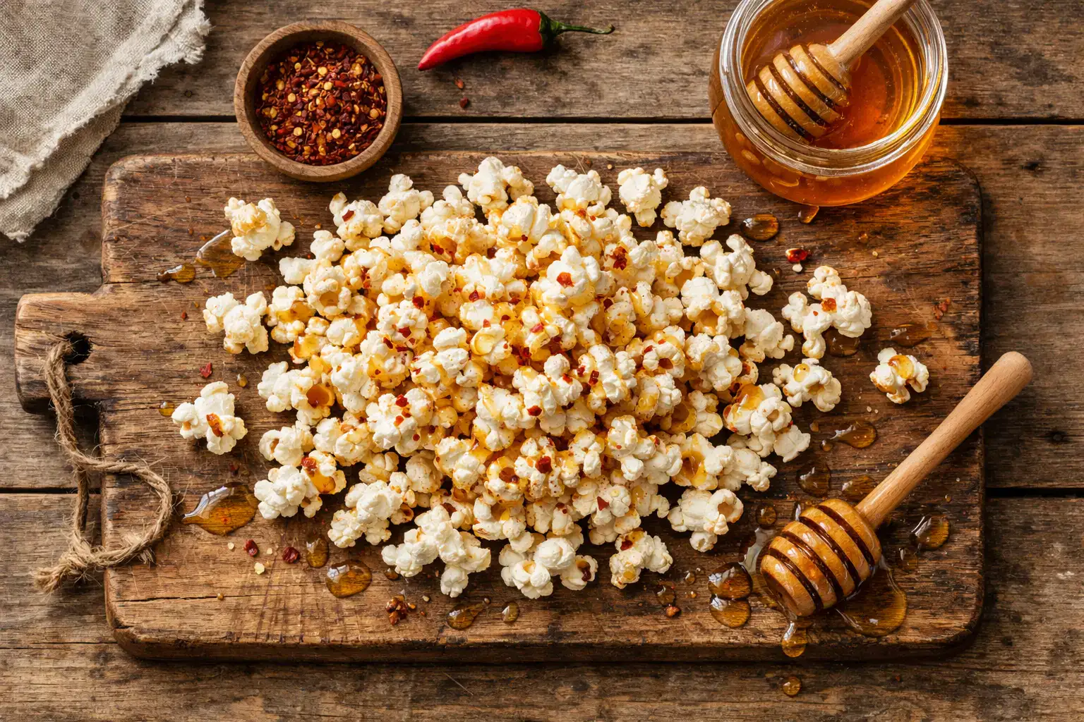 Frisches Hot Honey Popcorn auf rustikalem Holztisch - 160 Kalorien pro 30 g Portion