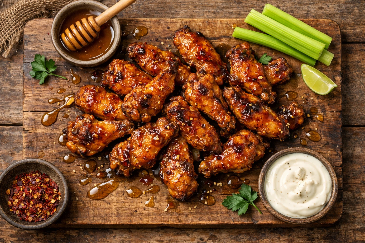 Frische Hot Honey Wings auf rustikalem Holztisch - 600 Kalorien pro 6 Flügeln