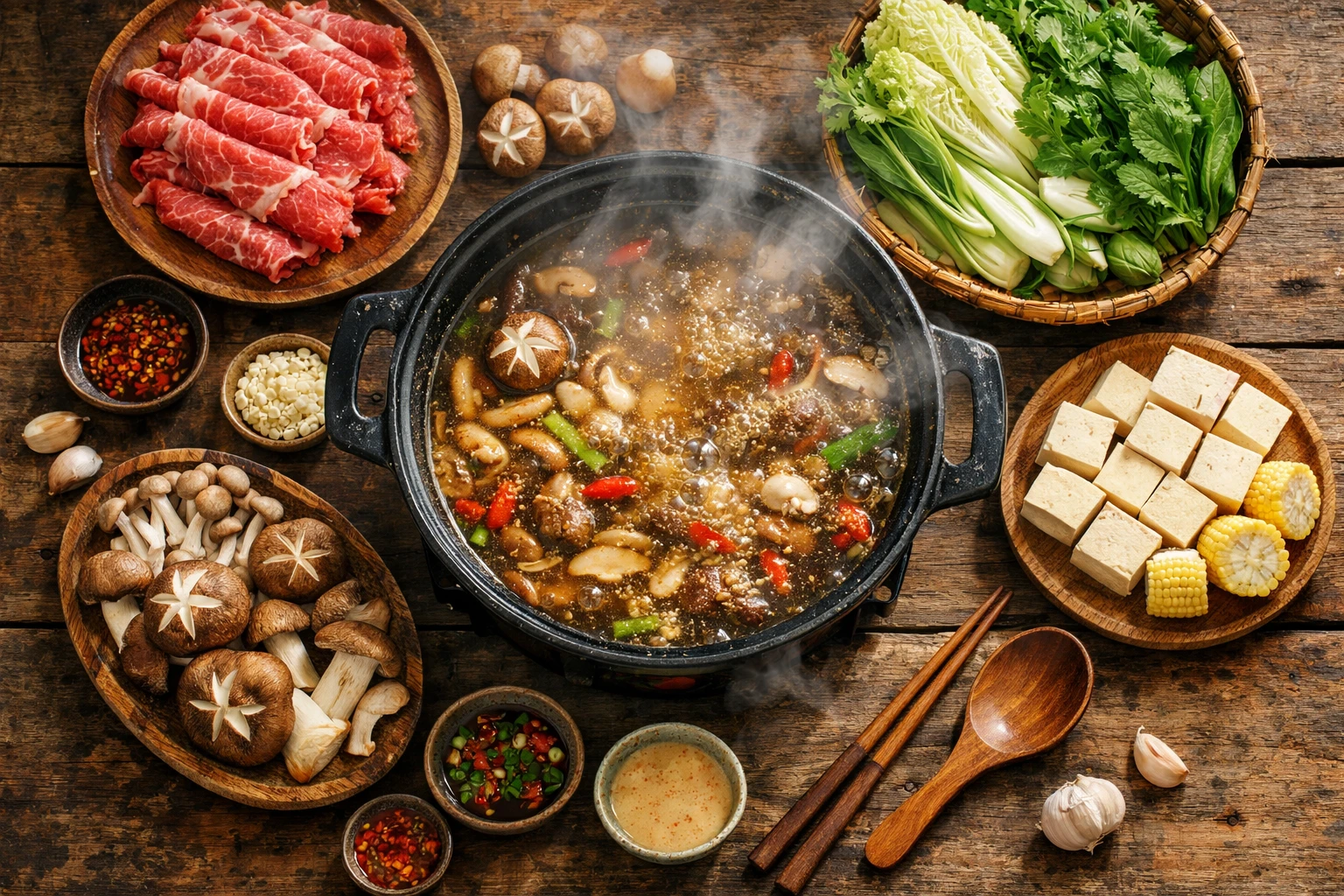 Hot pot fresco con caldo hirviendo e ingredientes coloridos en mesa de madera rústica - 470 calorías por porción equilibrada