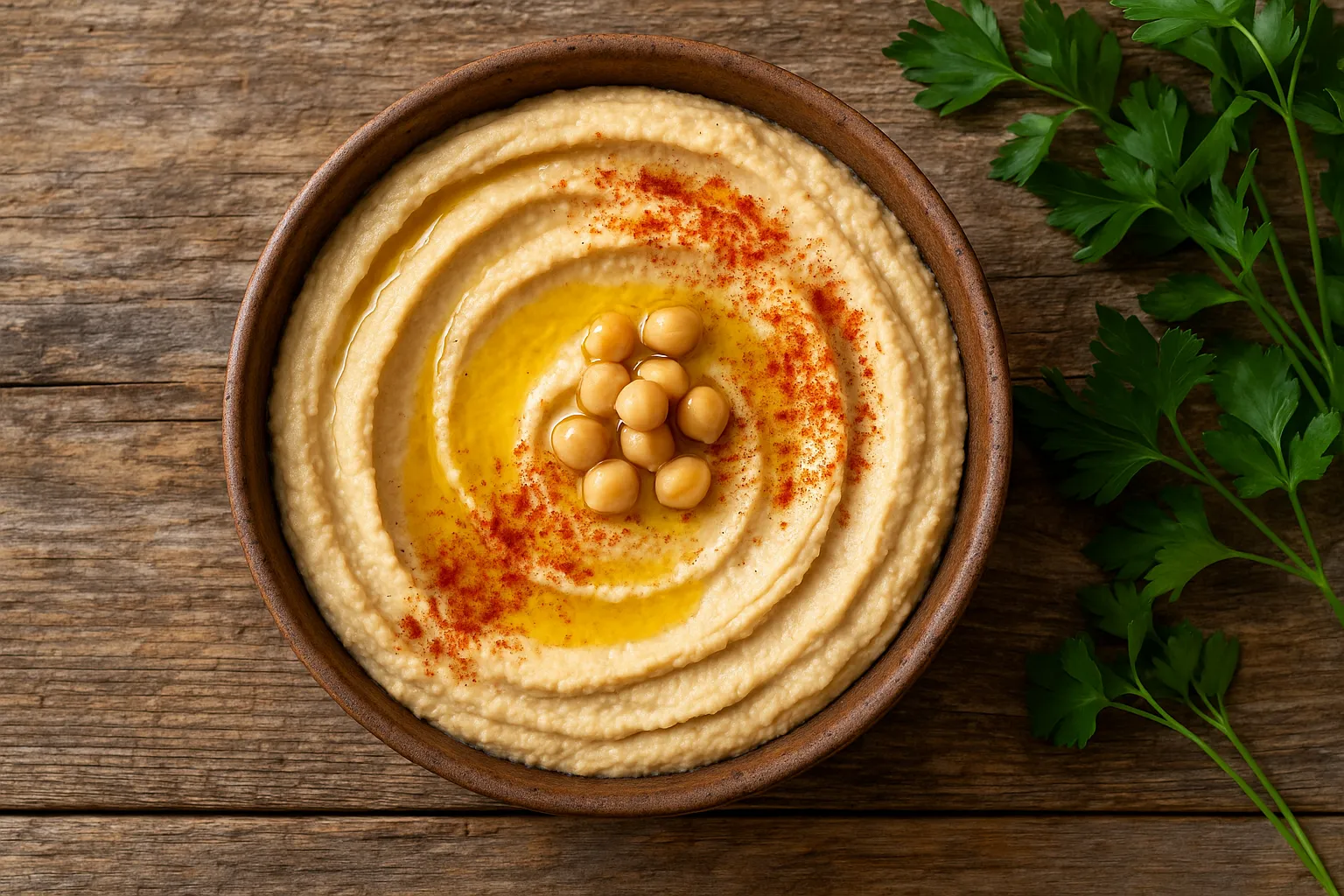 Frischer Hummus auf rustikalem Holztisch - 166 Kalorien pro 100 g