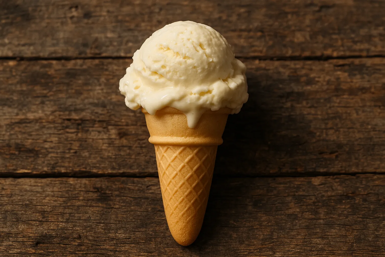 Classic vanilla Cornet de Glace on wooden table - 175 calories par portion