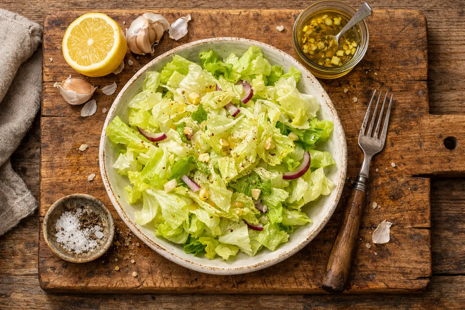 Fresh iceberg lettuce salad with garlic lemon olive oil dressing - 80 calories per serving