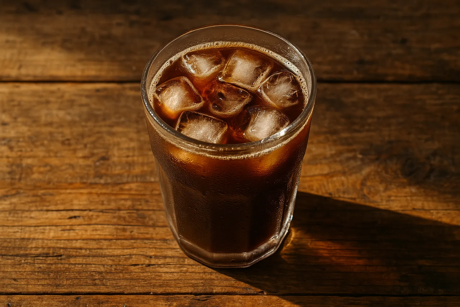 Fresh iced americano on rustic wooden table - 2 calories per 100ml