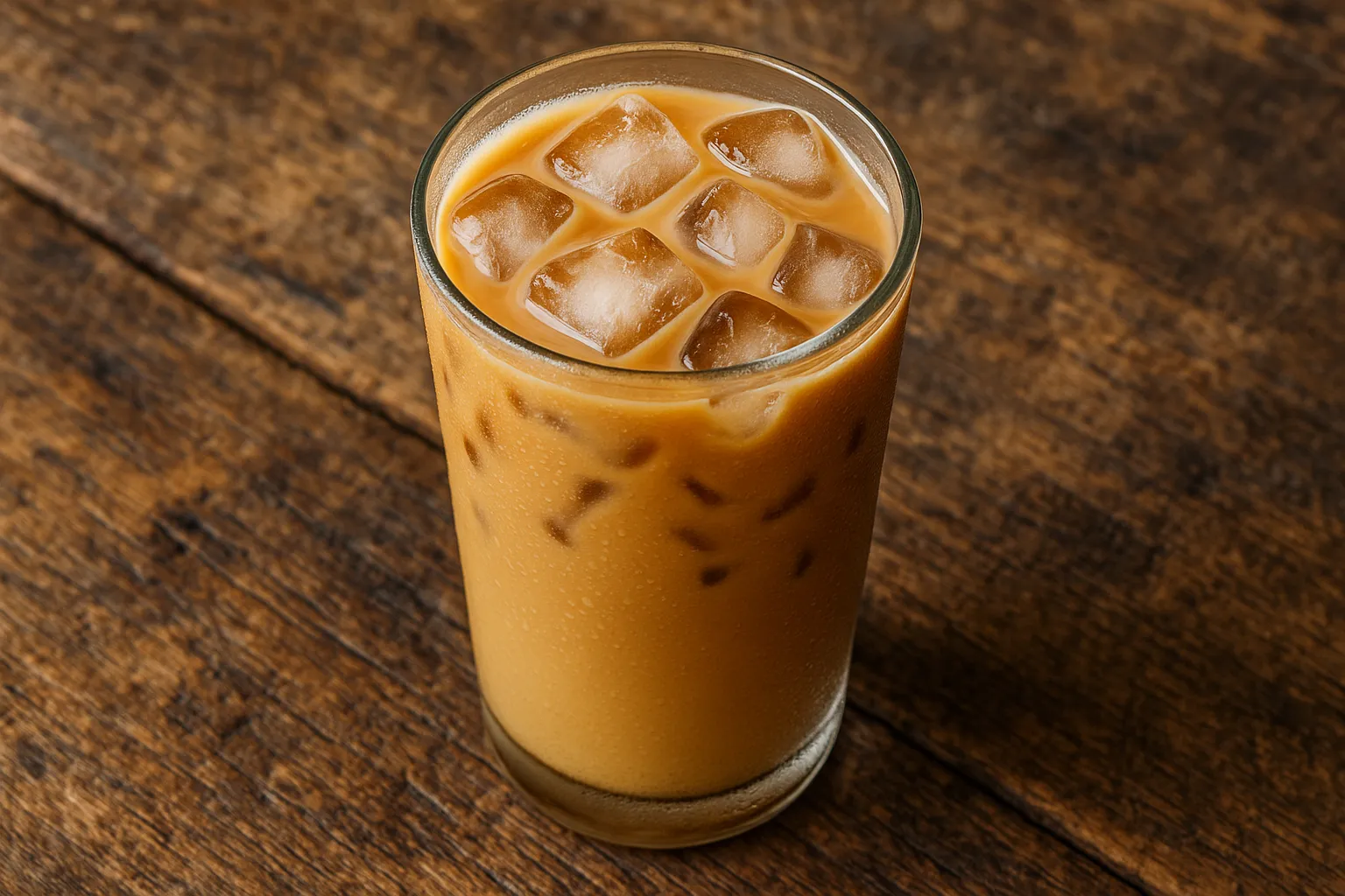 Fresh iced coffee with milk on rustic wooden table - 40 calories per 8oz serving