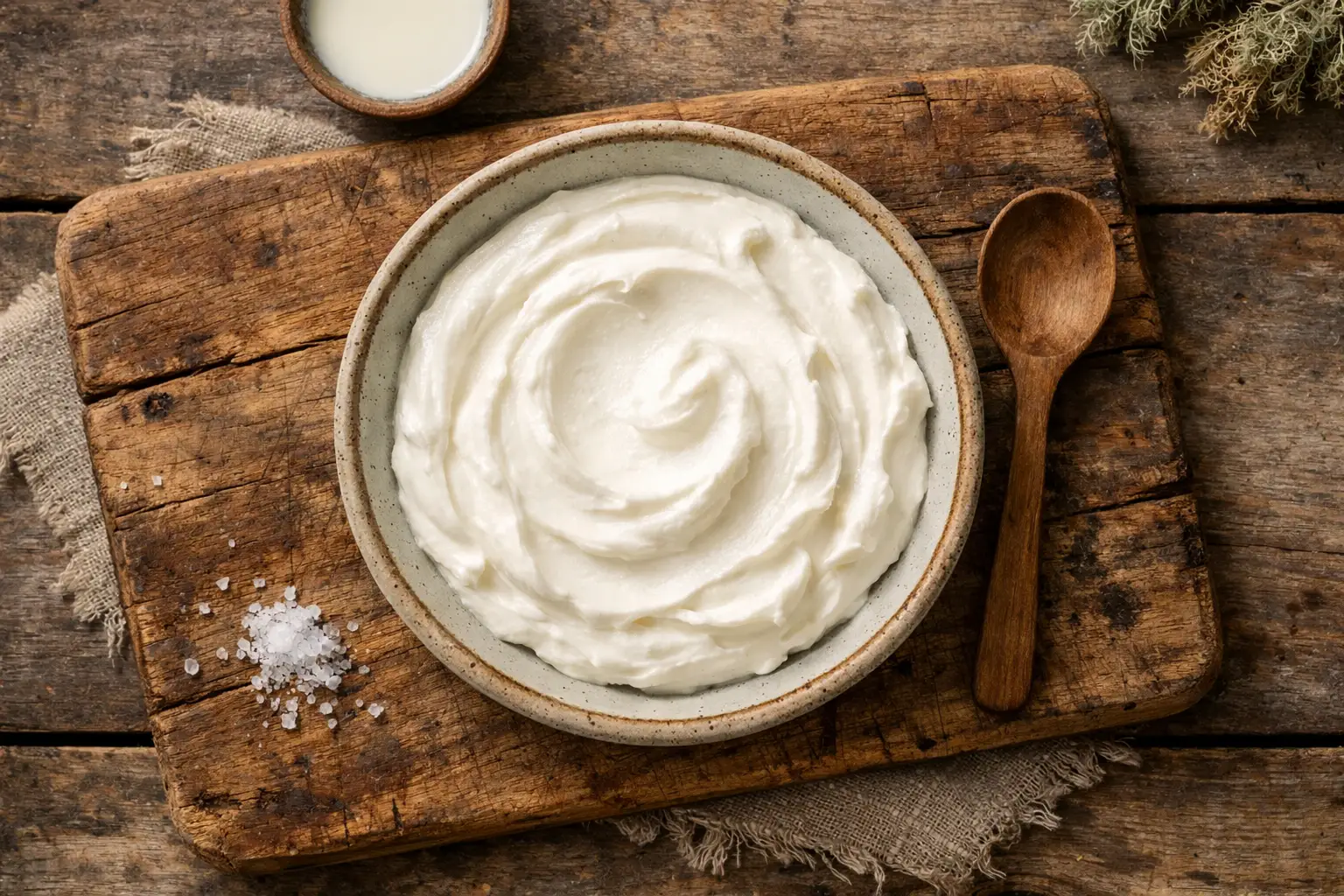 Skyr islandés natural fresco en un cuenco de cerámica sobre mesa rústica de madera - 110 calorías por porción de 150 g