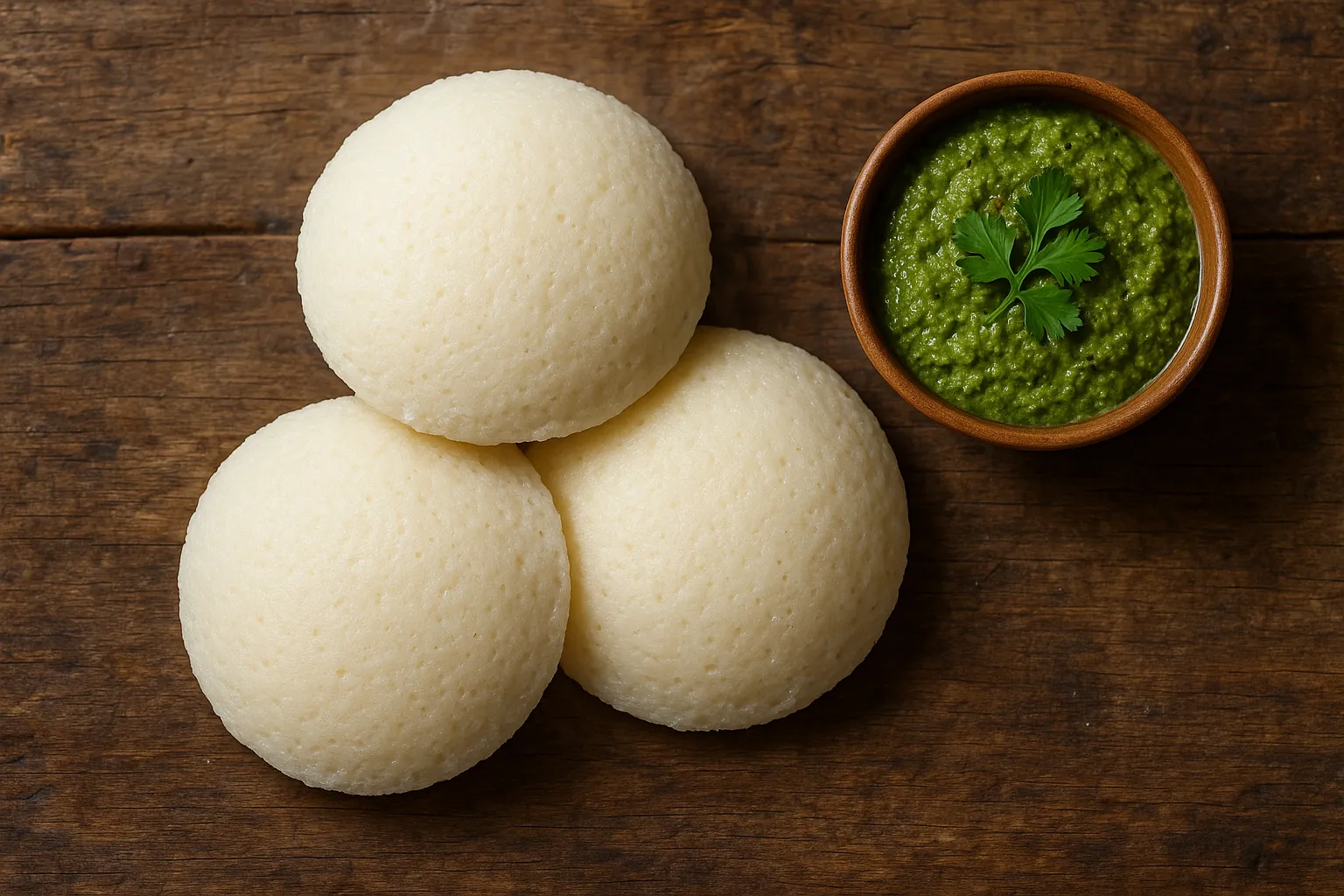 Fresh steamed idli on rustic wooden table - 58 calories per piece