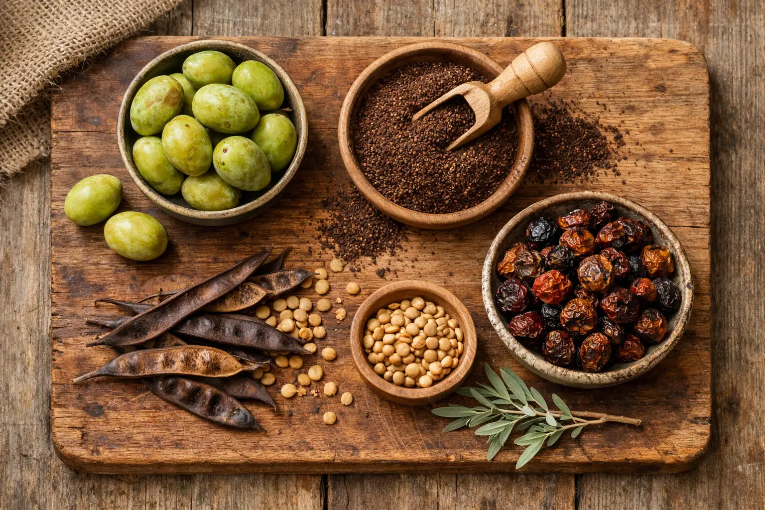 Aliments du bush australien indigènes frais sur une table en bois rustique - superaliments riches en nutriments