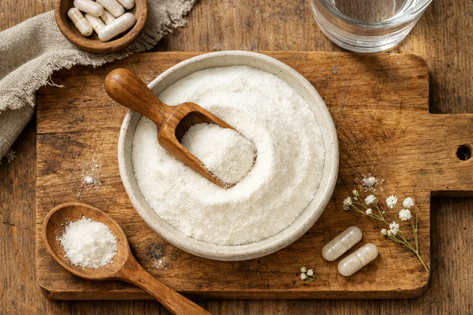 Fresh beauty collagen powder on rustic wooden table - 40 calories per scoop