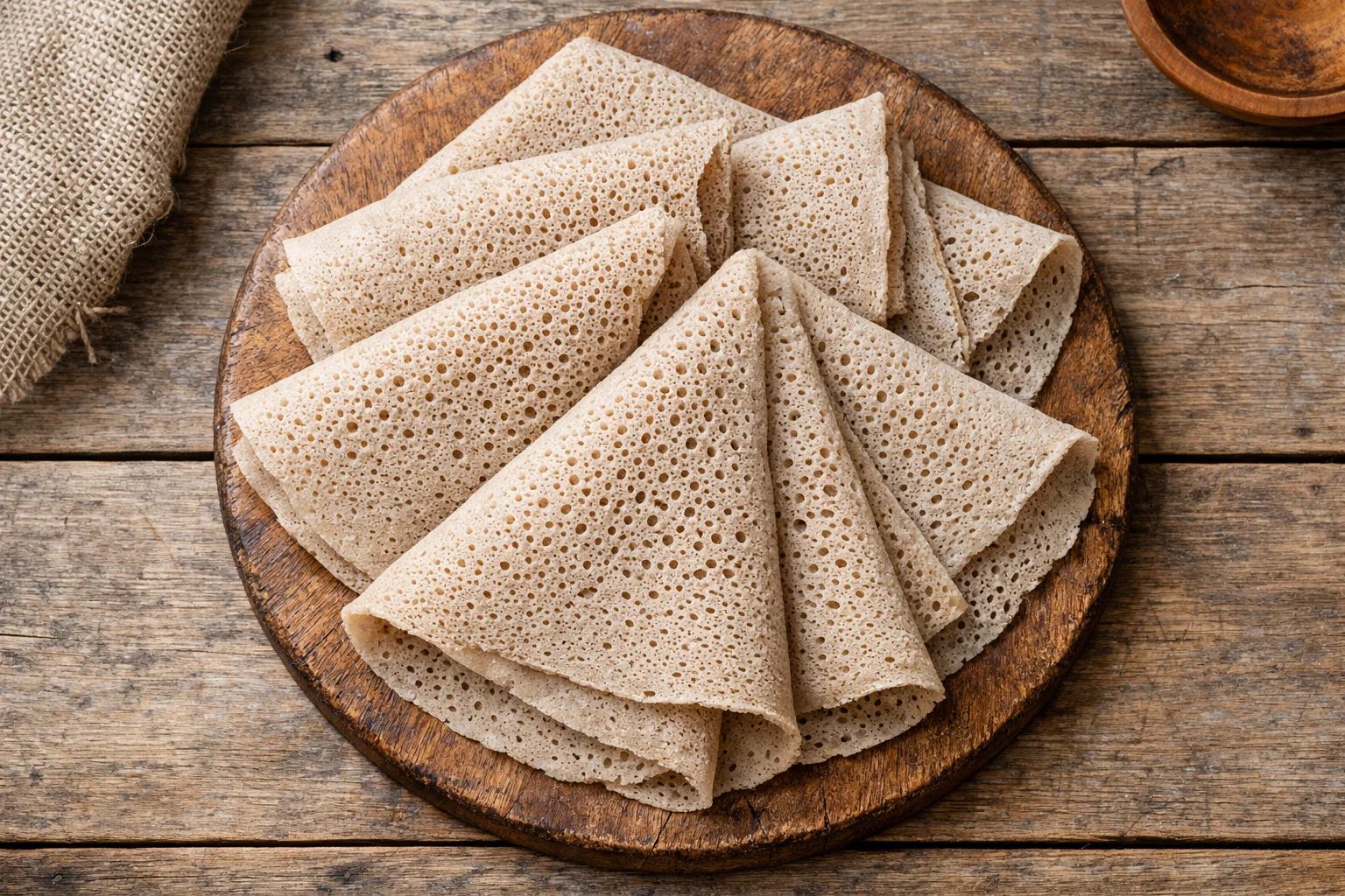 Fresh injera flatbread on rustic wooden table - 130 calories per 100g piece