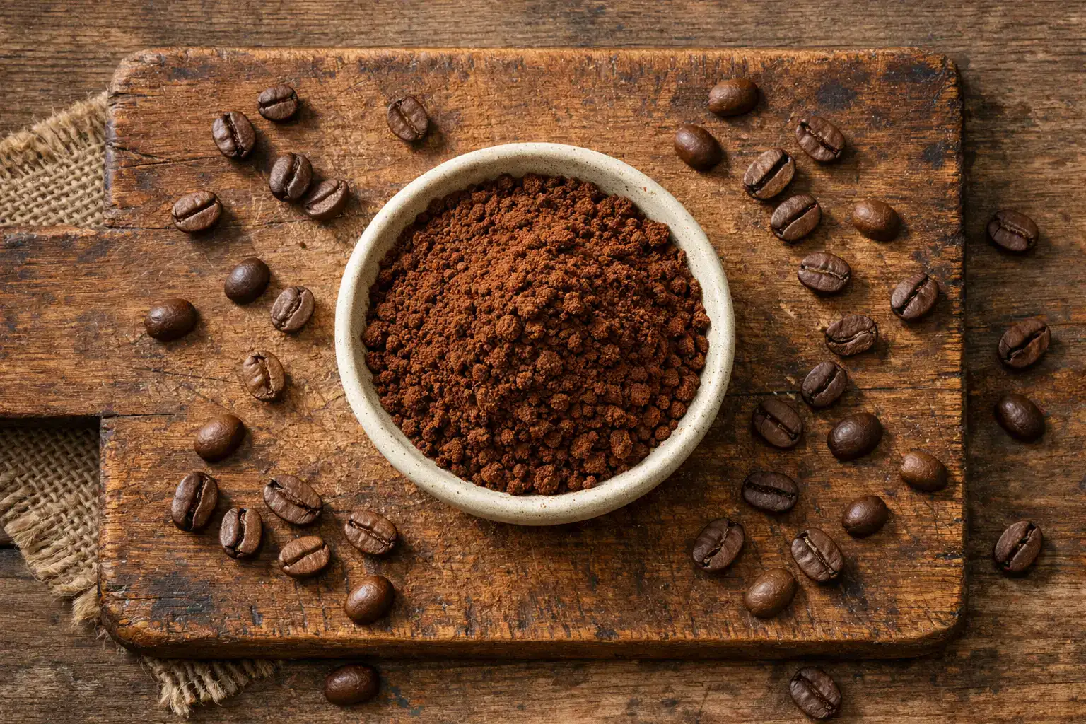 Poudre d'espresso instantané fraîche sur une table en bois rustique - 5 calories par cuillère à café