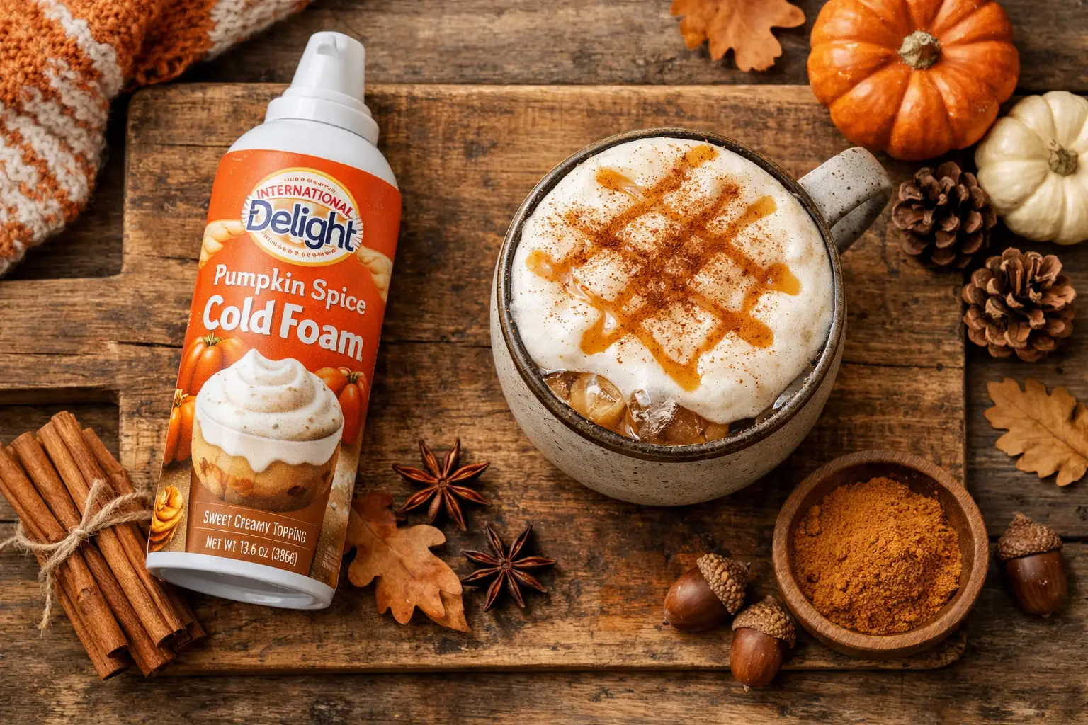 International Delight Pumpkin Spice Cold Foam auf rustikalem Holztisch - 20 Kalorien pro 2 EL Portion