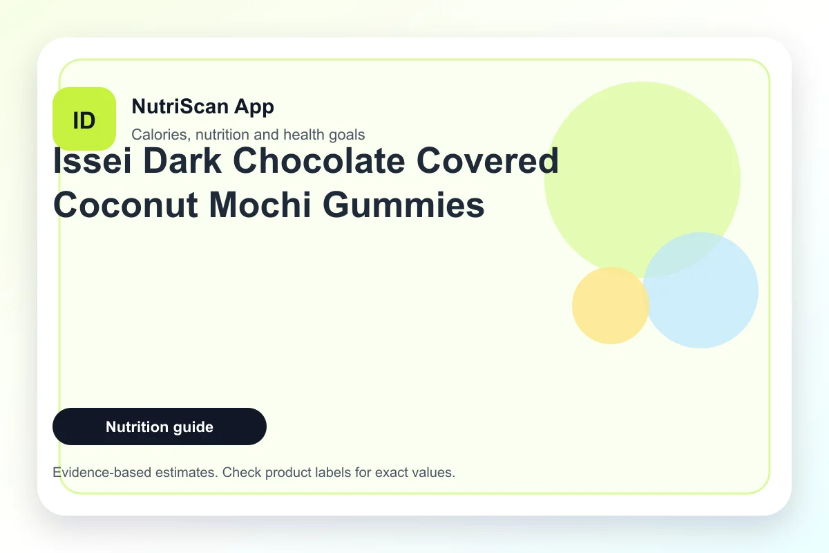 Issei dark chocolate covered coconut mochi gummies spilling out of a bag on a wooden board