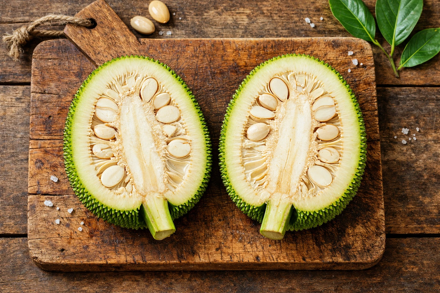 Junge grüne Jackfruit halbiert auf rustikalem Holzbrett - 95 Kalorien pro 100g