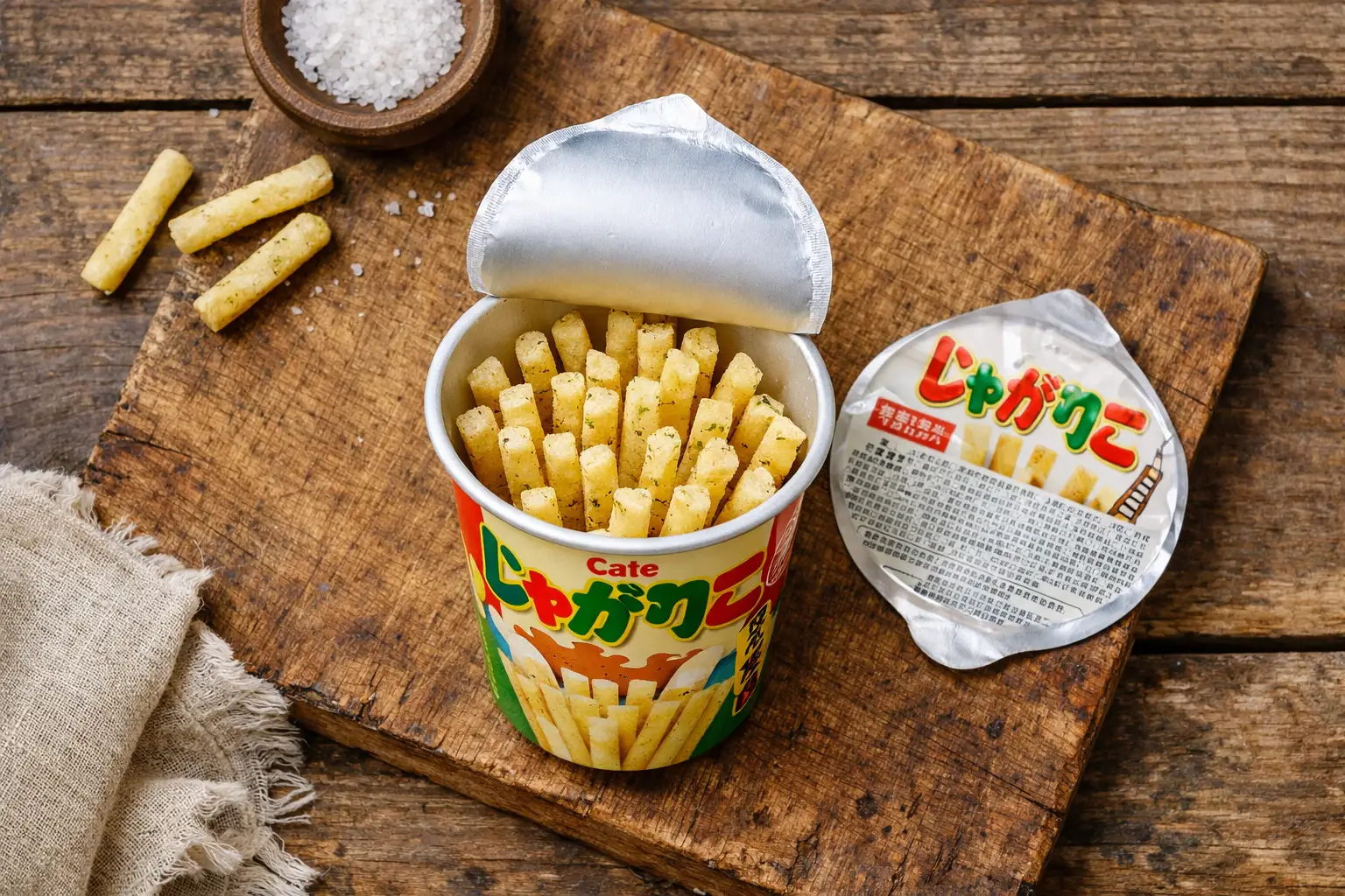 Palitos de papa Jagariko frescos en vaso sobre mesa rústica de madera - 260 calorías por vaso