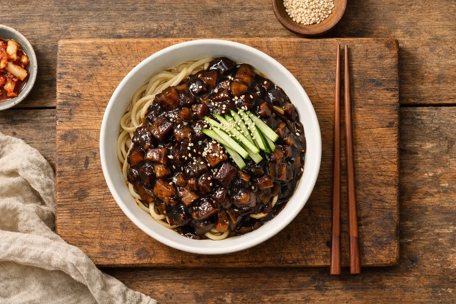 Fresh jajangmyeon Korean black bean noodles - 550 calories per bowl