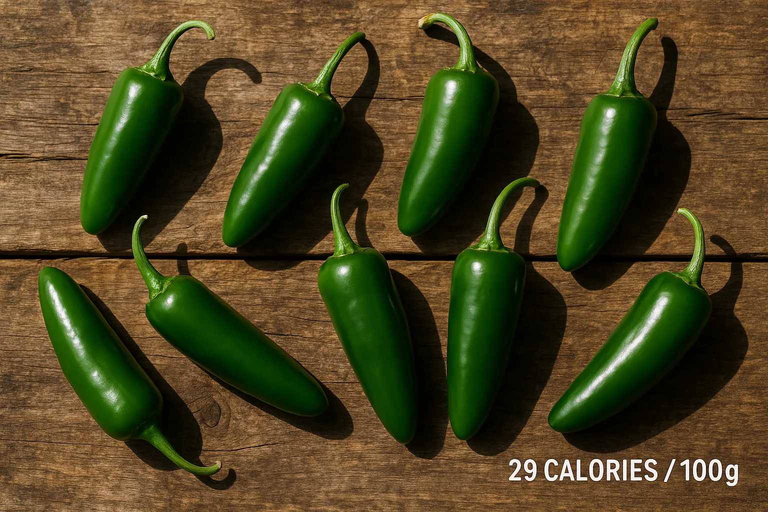Piments jalapeños frais sur table en bois rustique - 29 calories pour 100 g