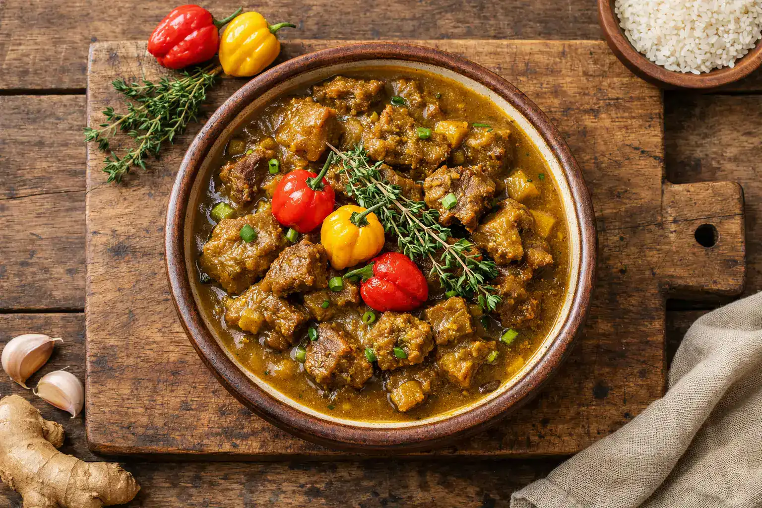 रस्टिक लकड़ी की मेज पर ताज़ा जमैकन करी गोट - 285 कैलोरी प्रति सर्विंग