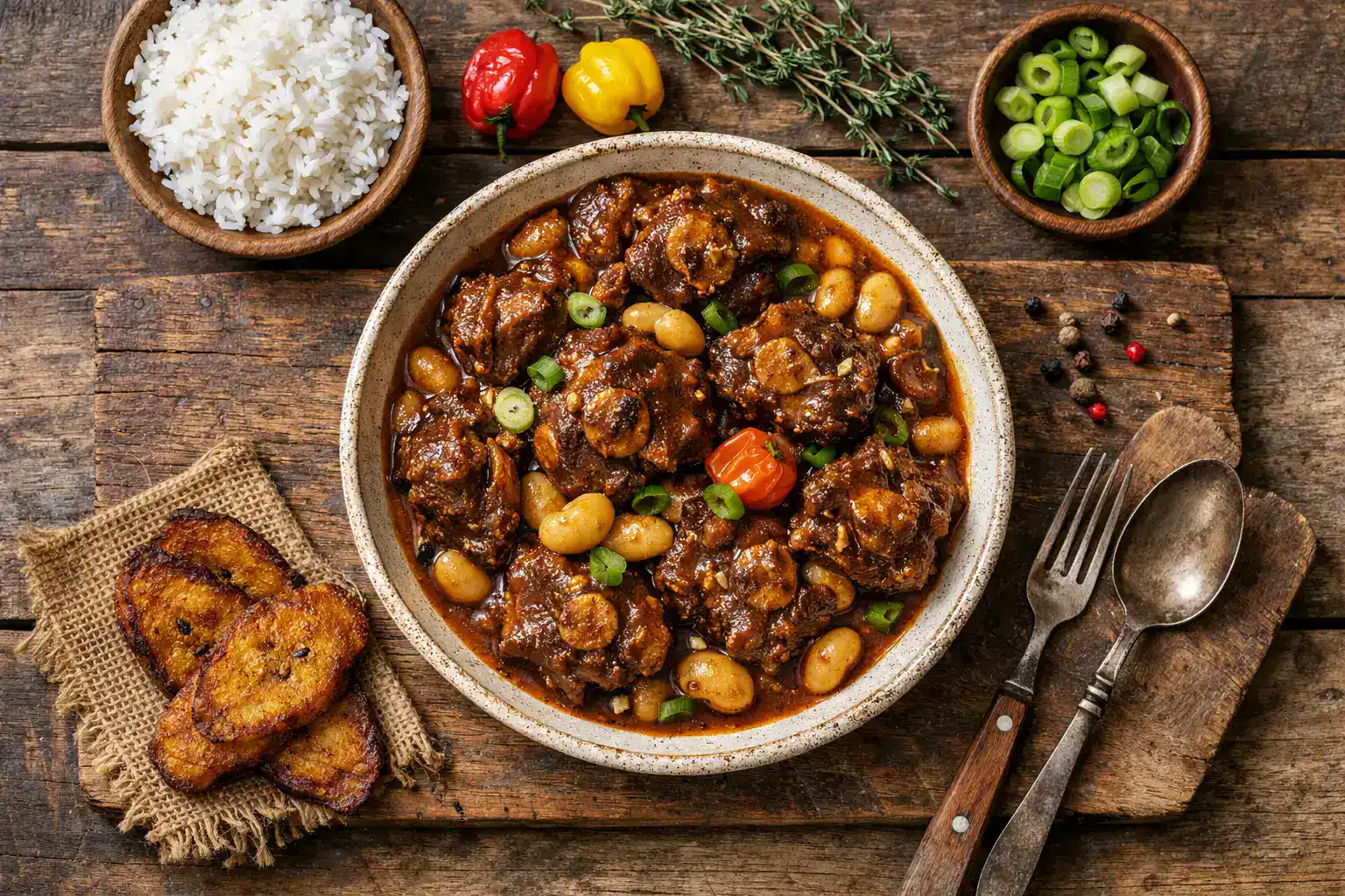 Fresh Jamaican oxtail stew with butter beans on rustic wooden table - 450 calories per serving
