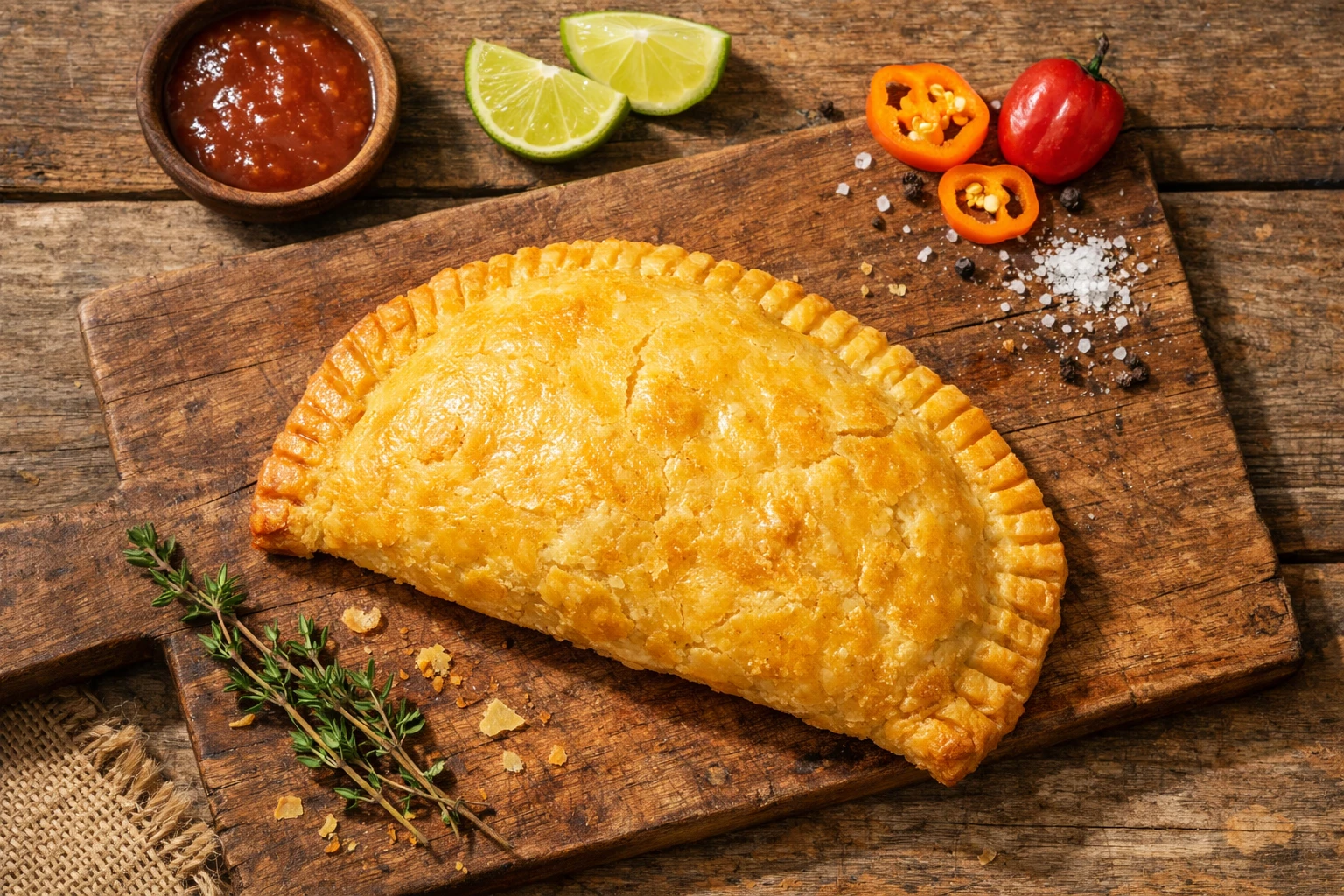 Fresh Jamaican beef patty on rustic wooden table - 340 calories per patty