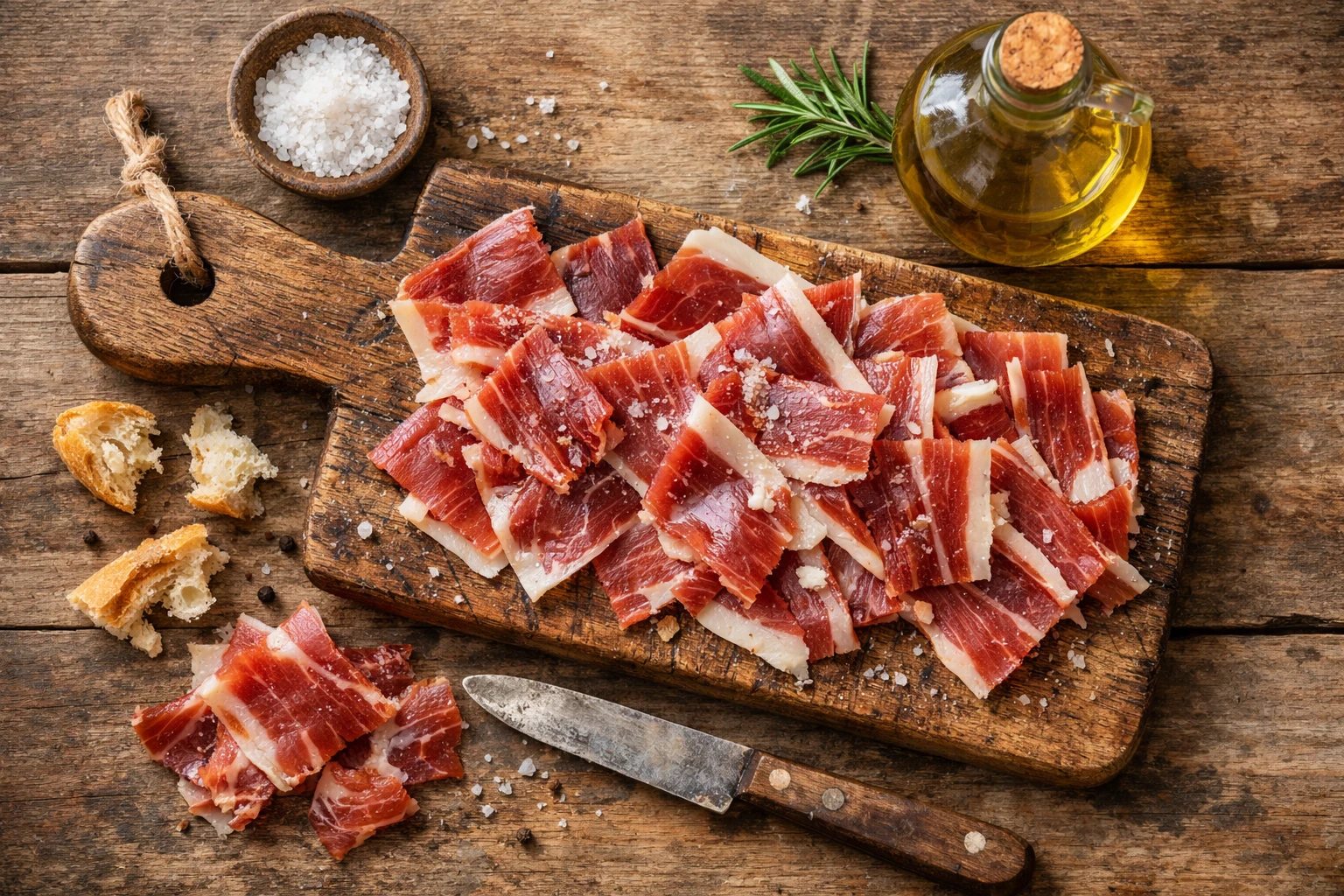 Fresh jamón ibérico on rustic wooden table - 250 calories per 100g