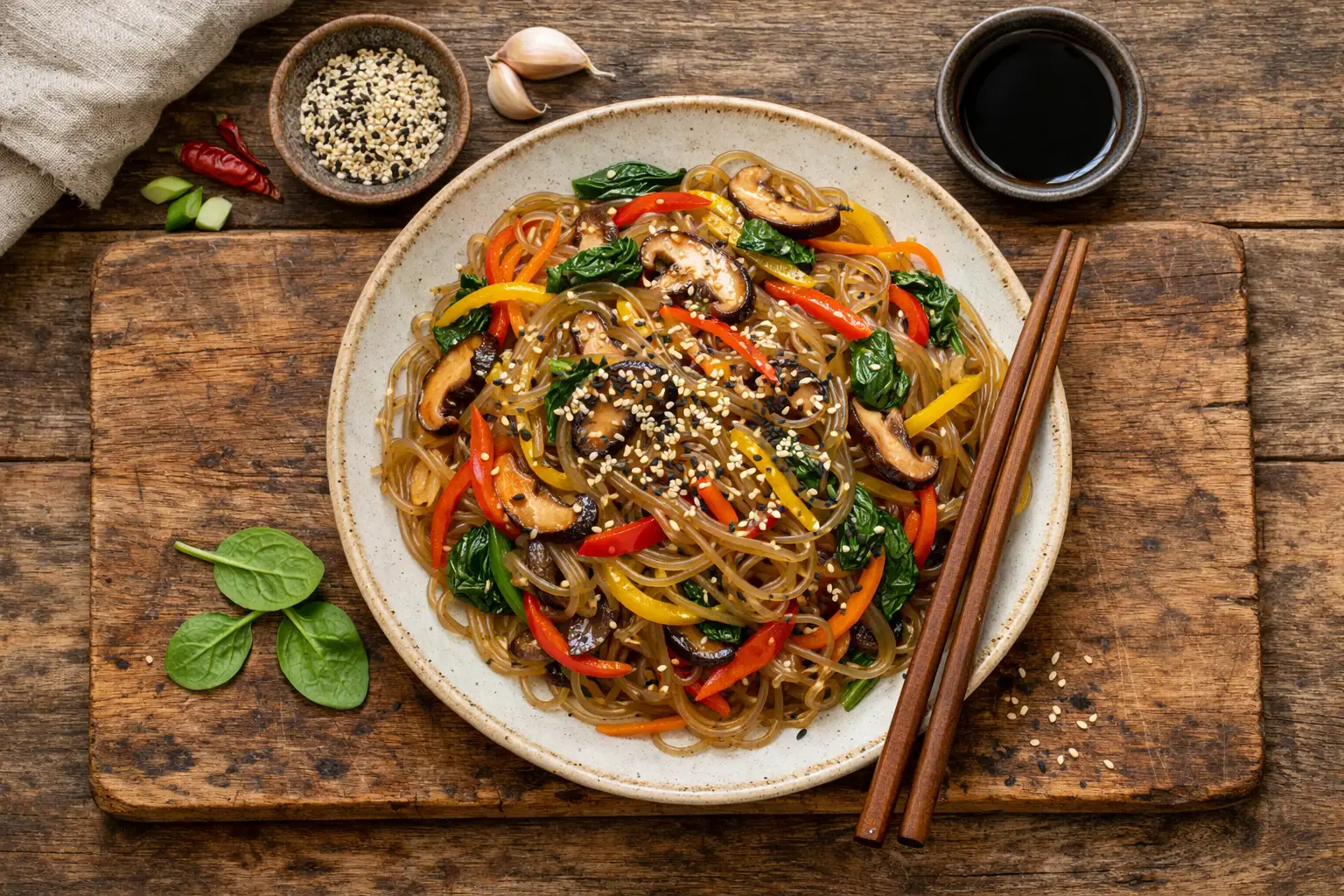 ताजा जापचे कोरियन ग्लास नूडल्स रस्टिक लकड़ी की मेज पर - 320 कैलोरी प्रति सर्विंग