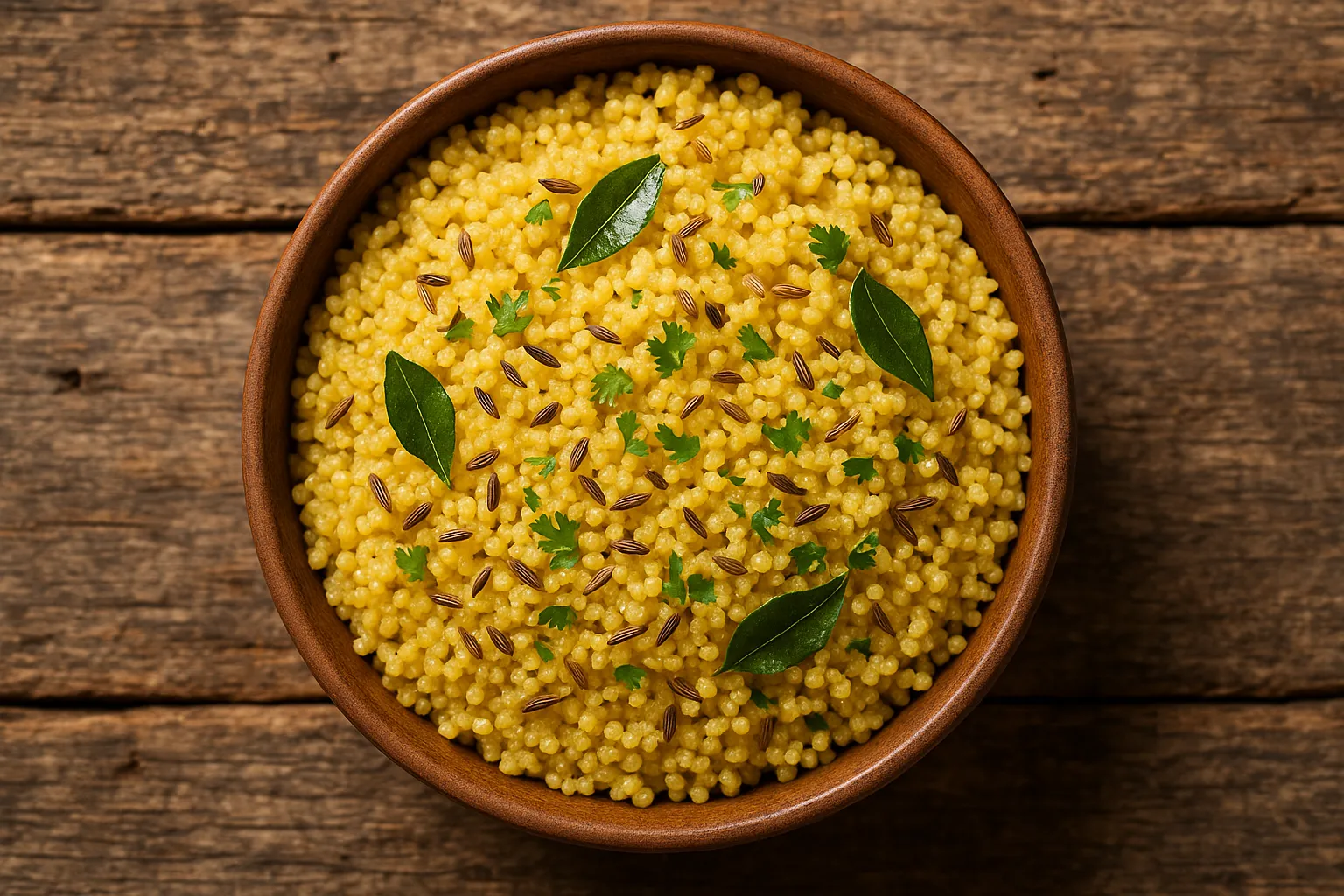 Fresh jeera millets on rustic wooden table - 207 calories per cup cooked