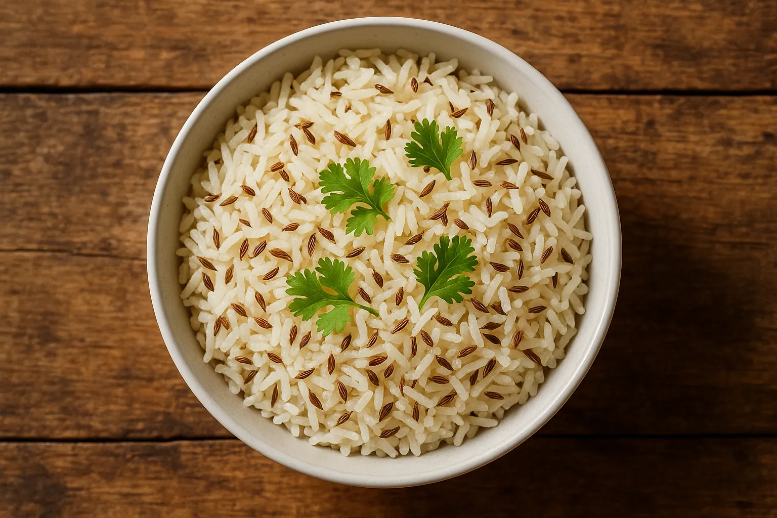 Arroz jeera fresco sobre mesa rústica de madera - 130 calorías por 100 g