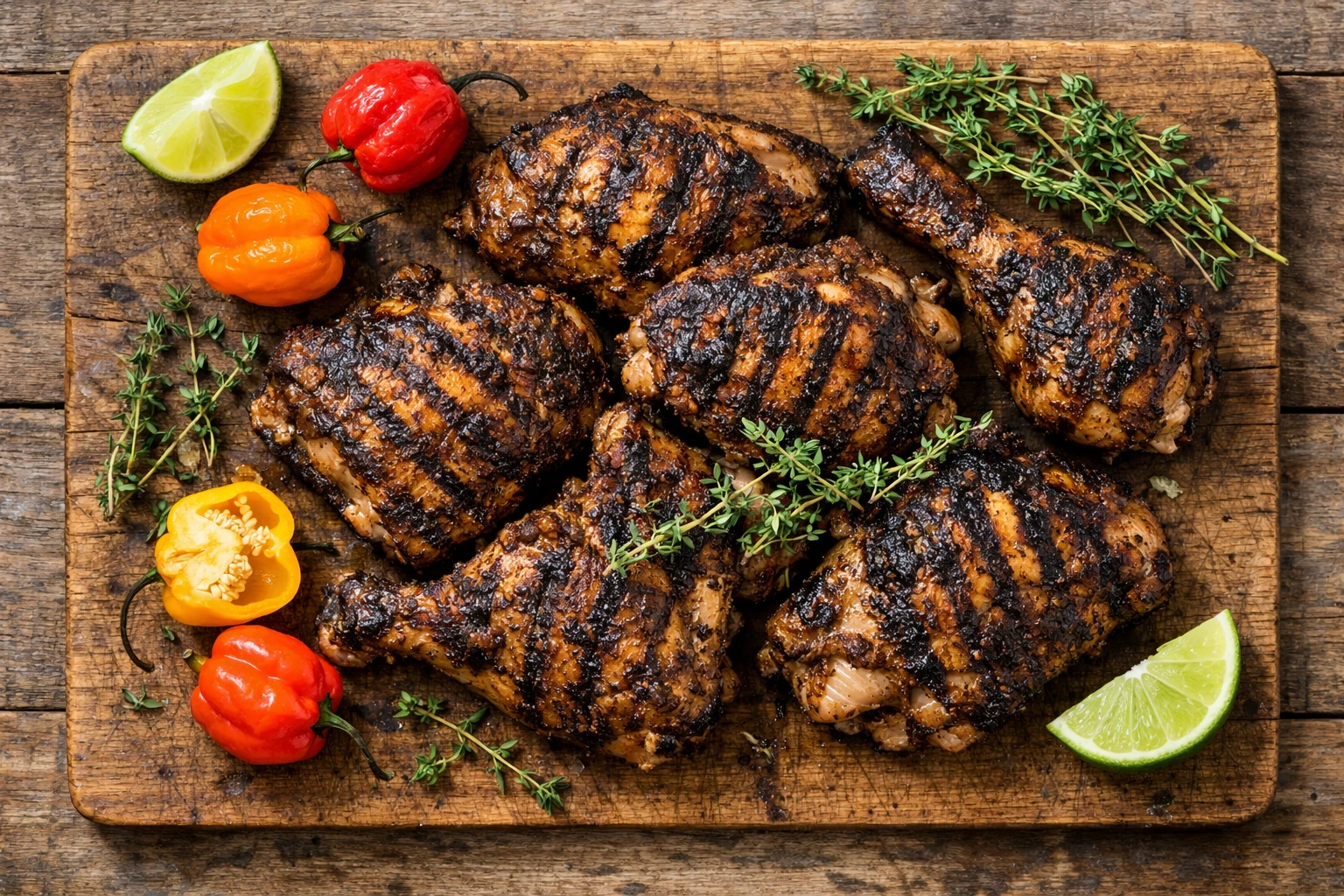 Fresh jerk chicken on rustic wooden table - 310 calories per serving