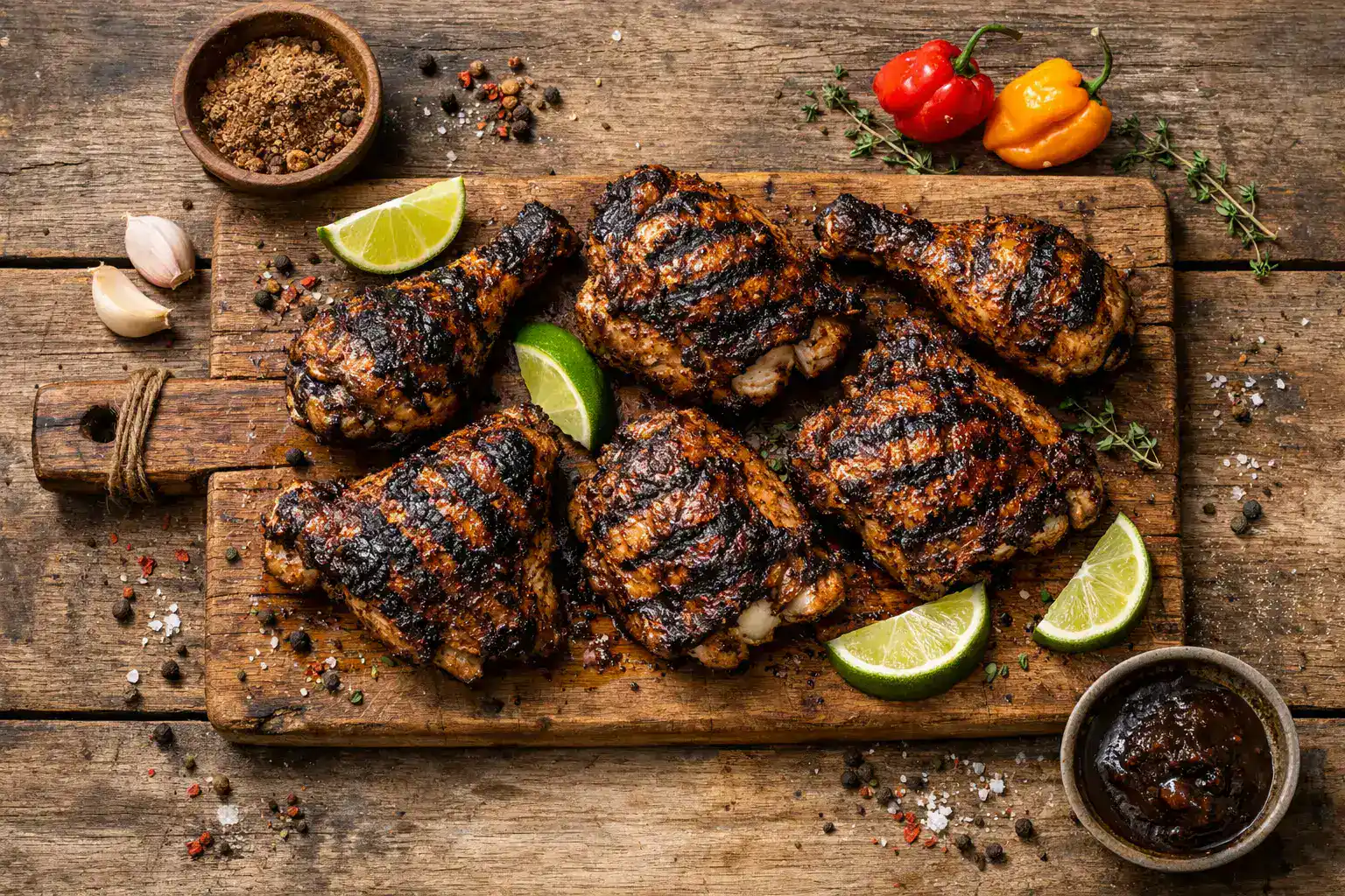 Fresh jerk chicken on rustic wooden table - 310 calories per serving