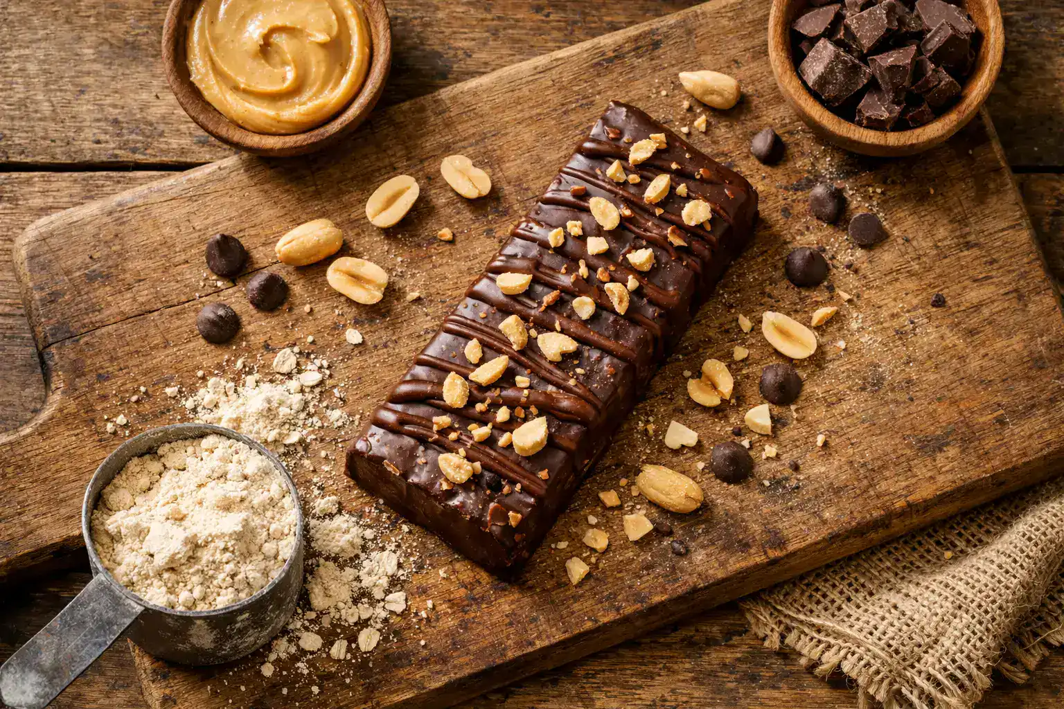 Barra de proteína JiMMYBAR! Chocolate Mantequilla de Maní en mesa de madera rústica - 270 calorías por barra