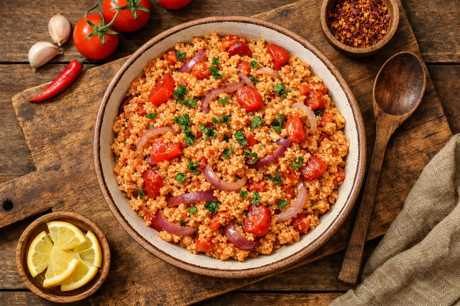 रस्टिक लकड़ी की टेबल पर ताज़ा जोलोफ फोनियो पिलाफ - प्रति सर्विंग 160 कैलोरी