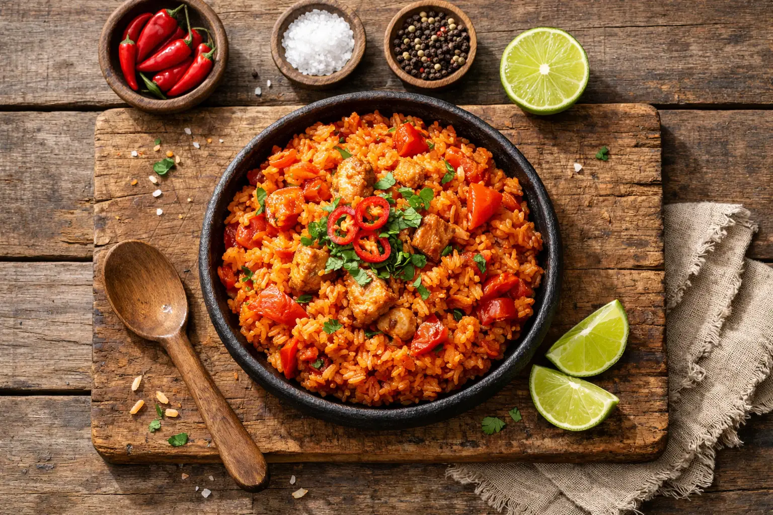 Fresh Jollof Rice on rustic wooden table - 400 calories per 300g serving