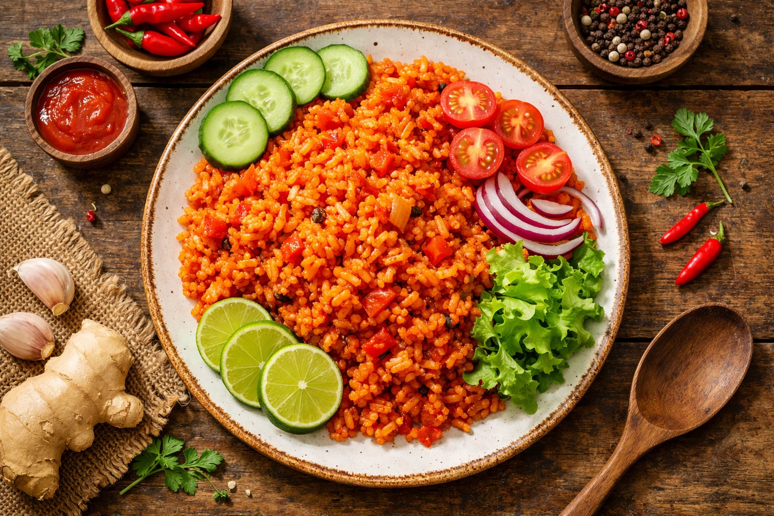 Fresh jollof rice with vegetables on traditional plate - 320 calories per serving