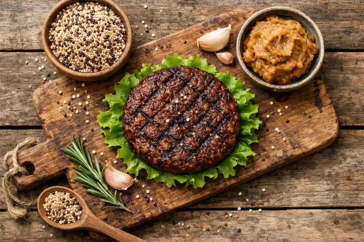 Juicy Marbles Umami Burger pflanzliches Patty auf Holzbrett - 179 Kalorien pro 100 g