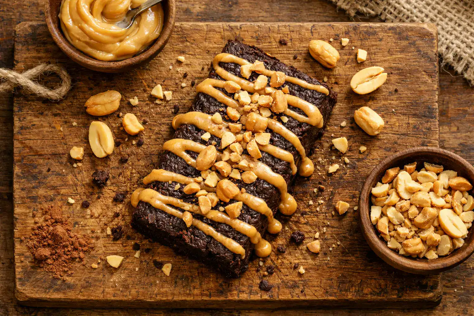 Junkless Peanut Butter Chocolate Brownie Bar on rustic wooden table - 220 calories per bar
