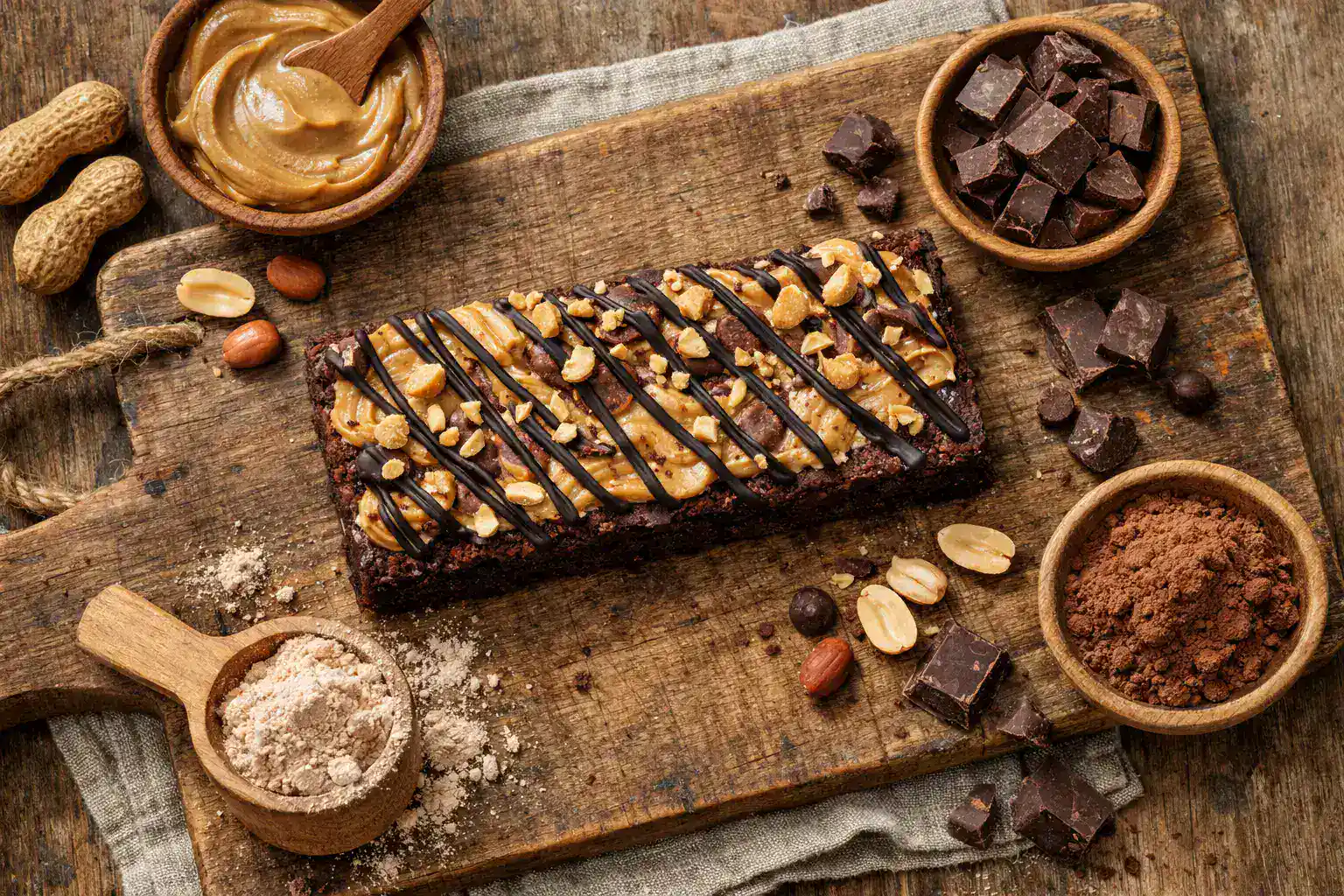 Junkless Peanut Butter Chocolate Brownie Protein Bar auf rustikalem Holztisch - 220 Kalorien pro Riegel