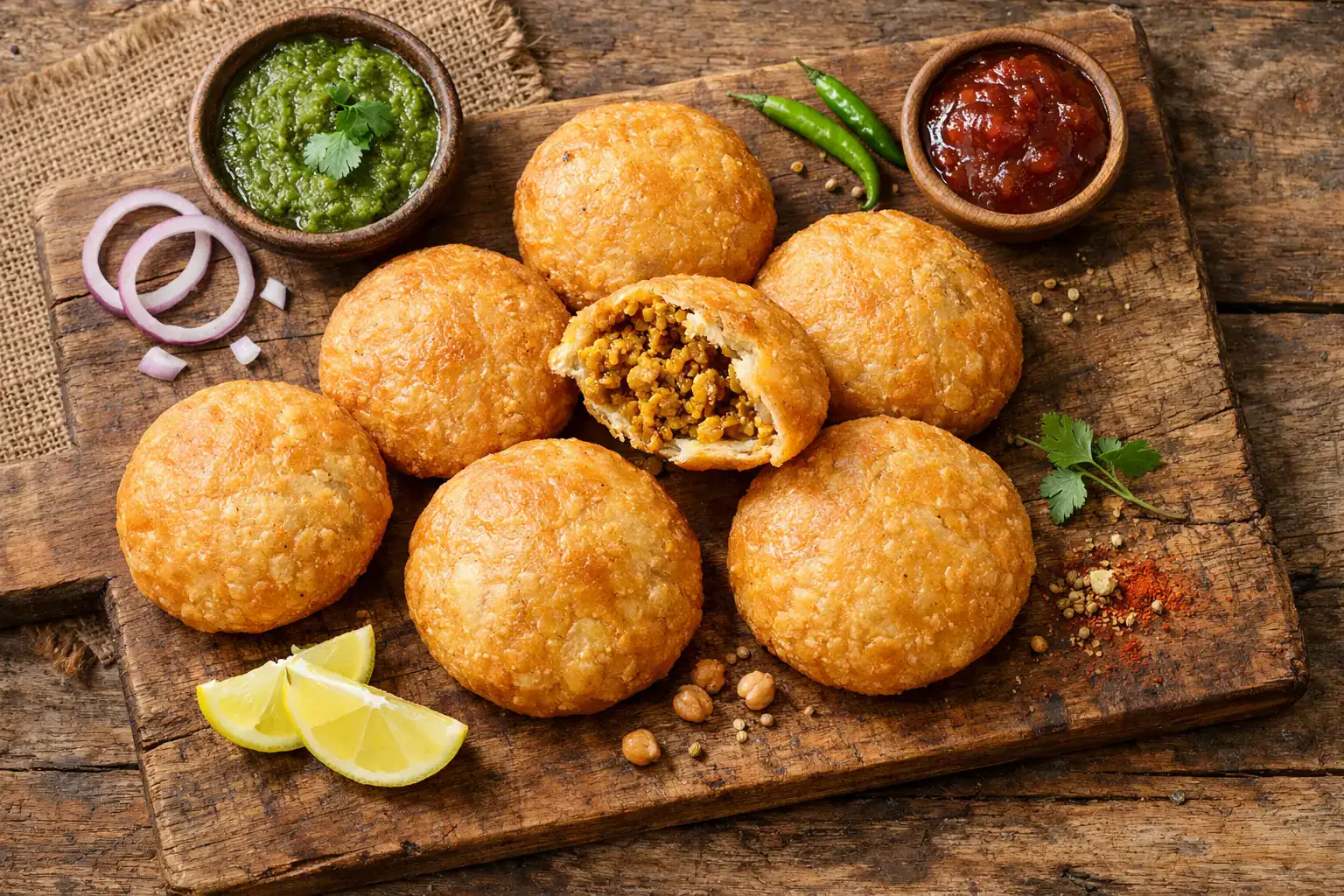 Fresh kachori on rustic wooden table - 280 calories per piece
