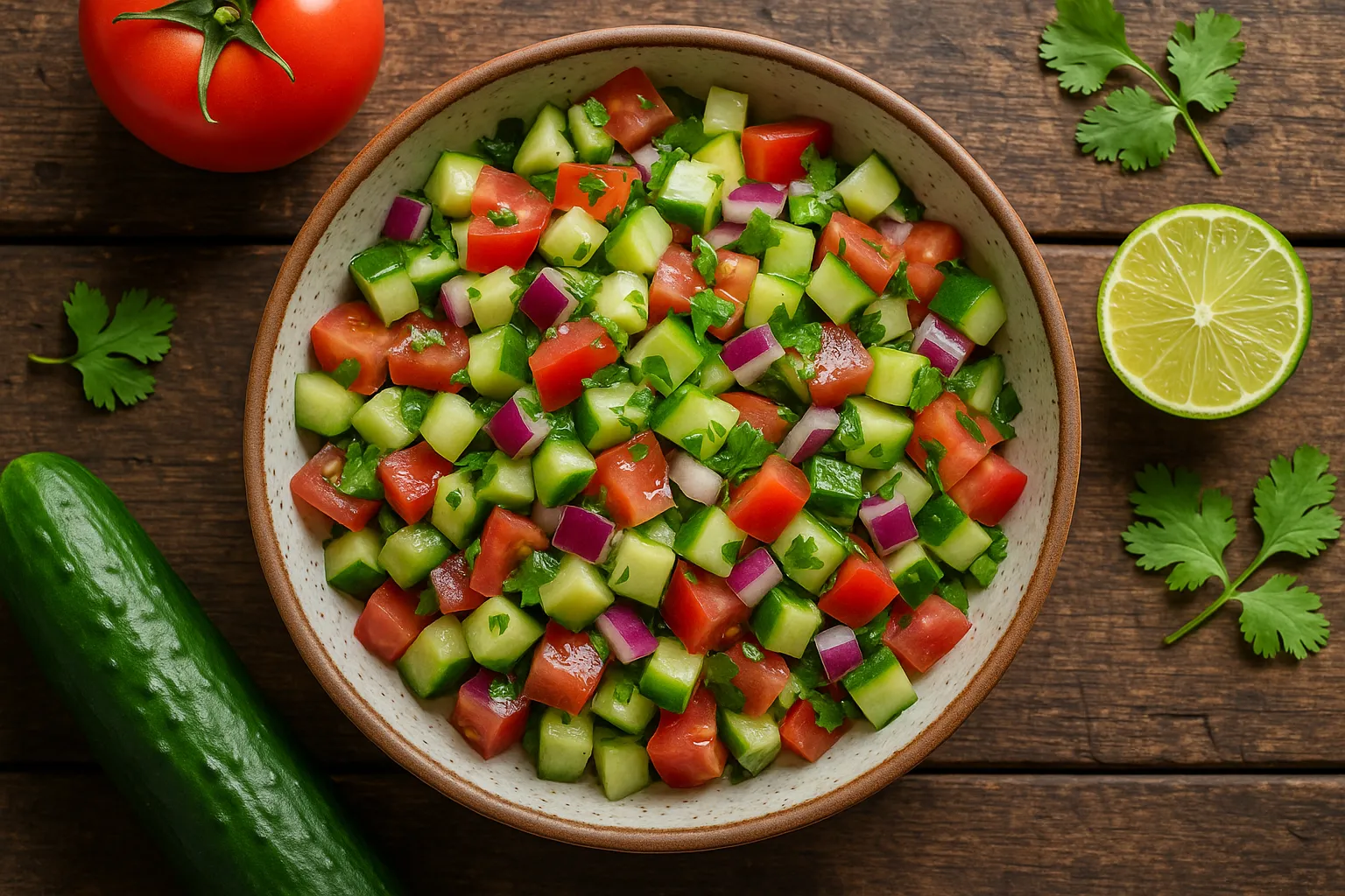 Fresh kachumber salad with diced cucumbers, tomatoes, and cilantro on rustic wooden table - 16 calories per 100g
