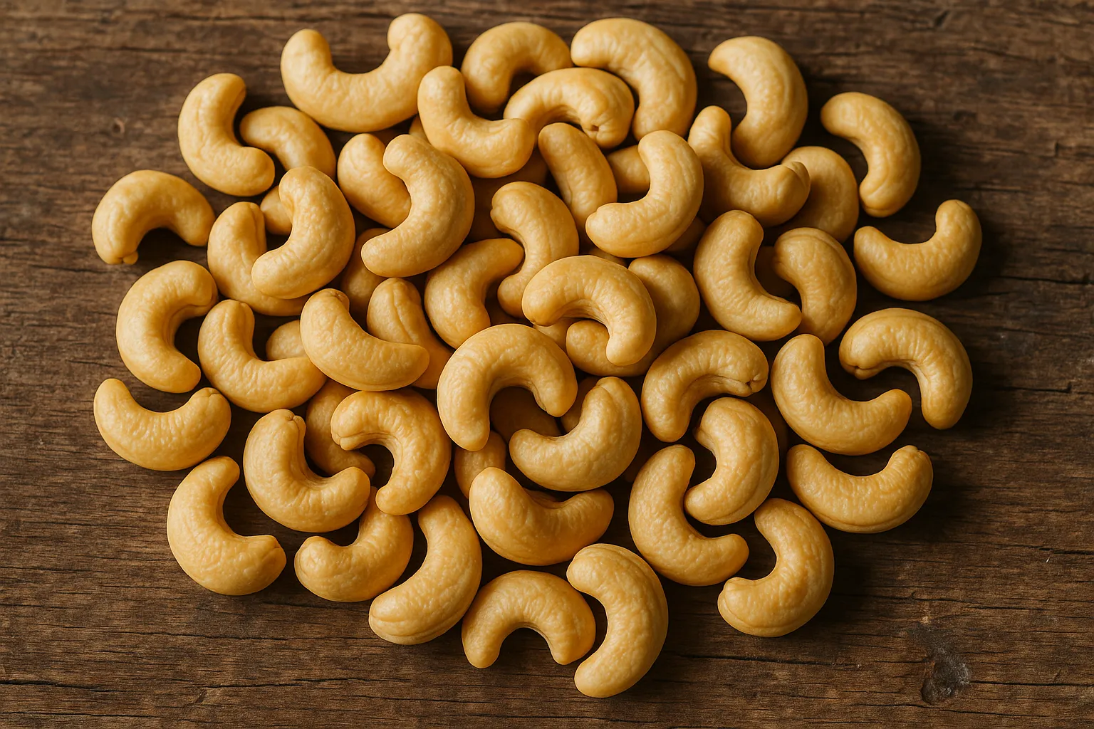Fresh cashew nuts on rustic wooden table - 553 calories per 100g