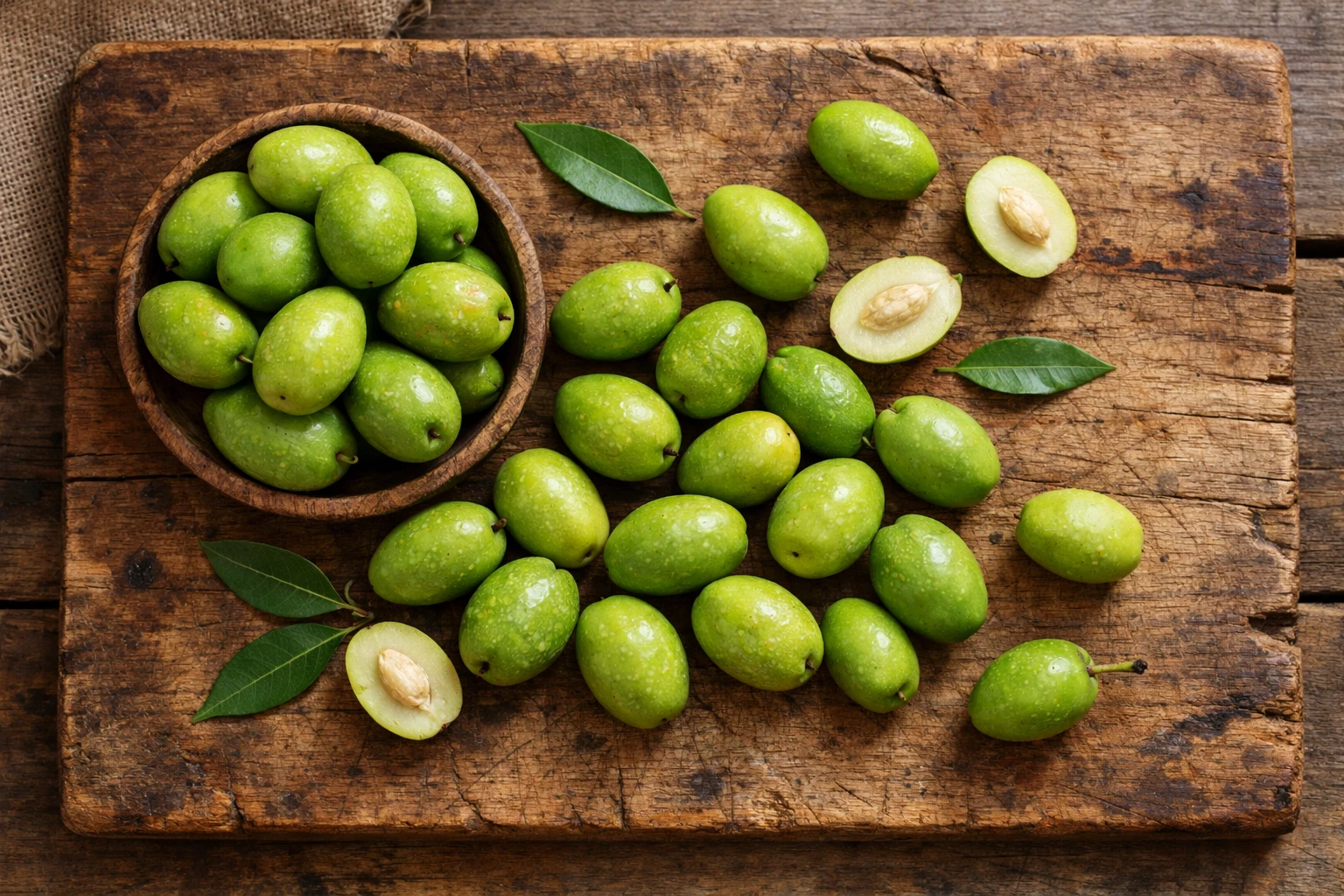Fresh kakadu plum on rustic wooden table - 45 calories per 100g