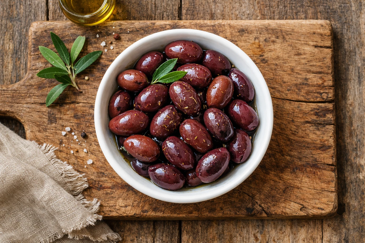 सफेद सिरेमिक बाउल में ताज़ा कलामाता ऑलिव्स - 100g में 145 कैलोरी