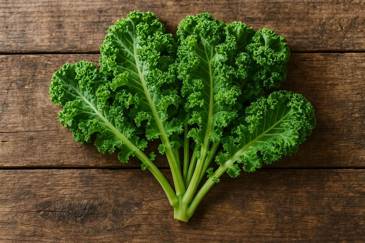 Chou kale frais sur table en bois rustique - 35 calories pour 100 g