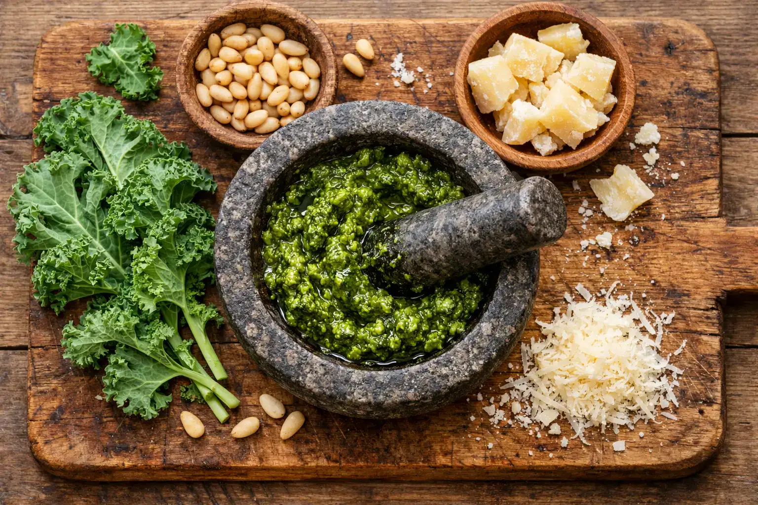 Fresh kale pesto in stone mortar on rustic wooden table - 80 calories per 2 tbsp