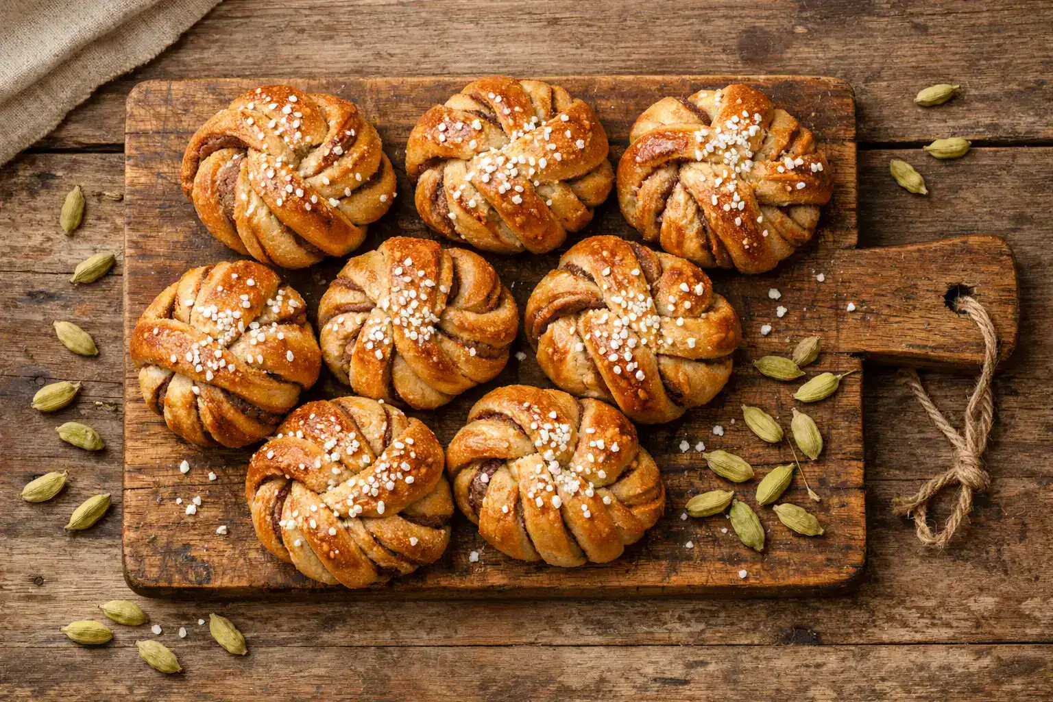 Fresh kanelbullar Swedish cinnamon buns on rustic wooden table - 280 calories per bun