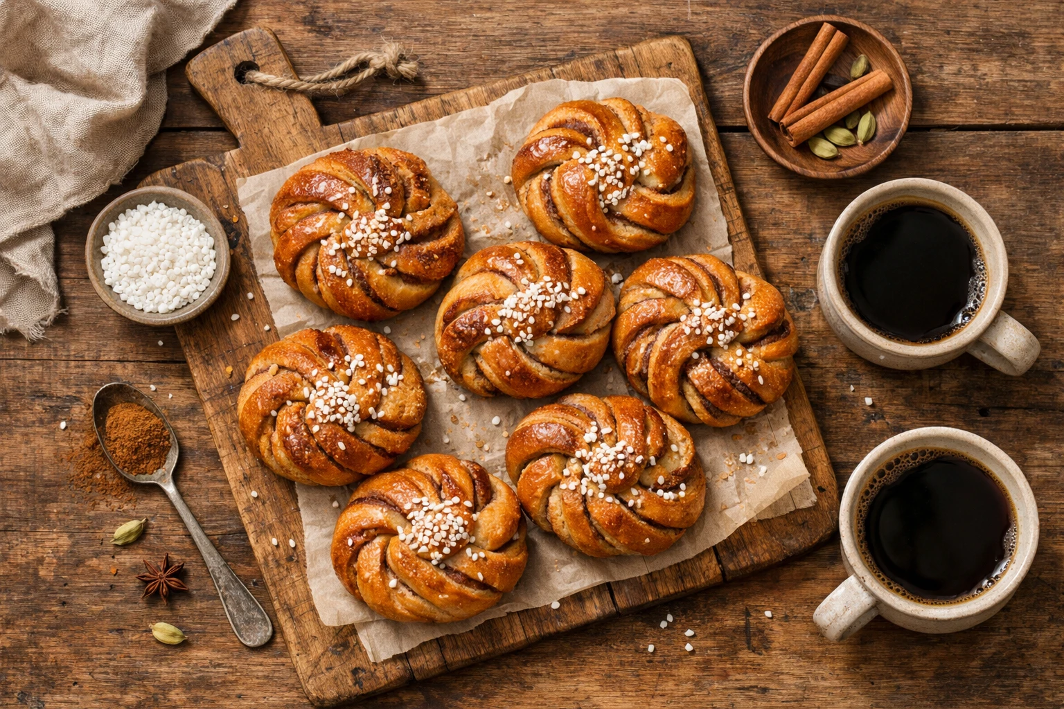 Fresh kanelbullar Swedish cinnamon buns रस्टिक wooden table पर - 320 कैलोरी प्रति बन