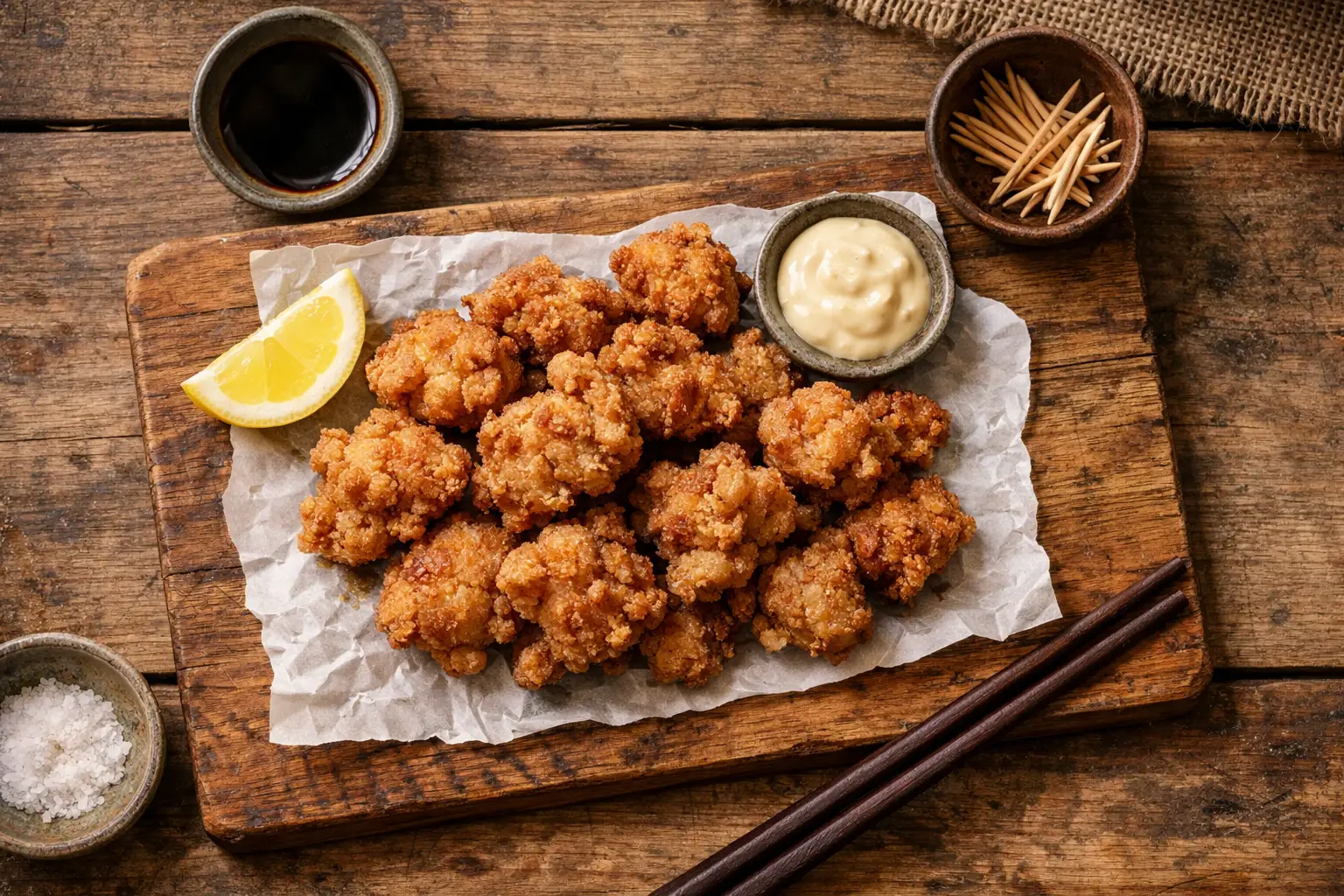 Crispy karaage Japanese fried chicken with lemon - 250 calories per 100g