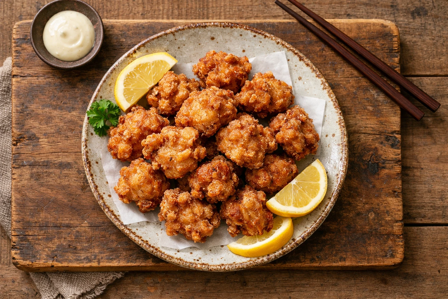 Knuspriges Karaage japanisches Brathähnchen mit Zitrone – 250 Kalorien pro 100 g
