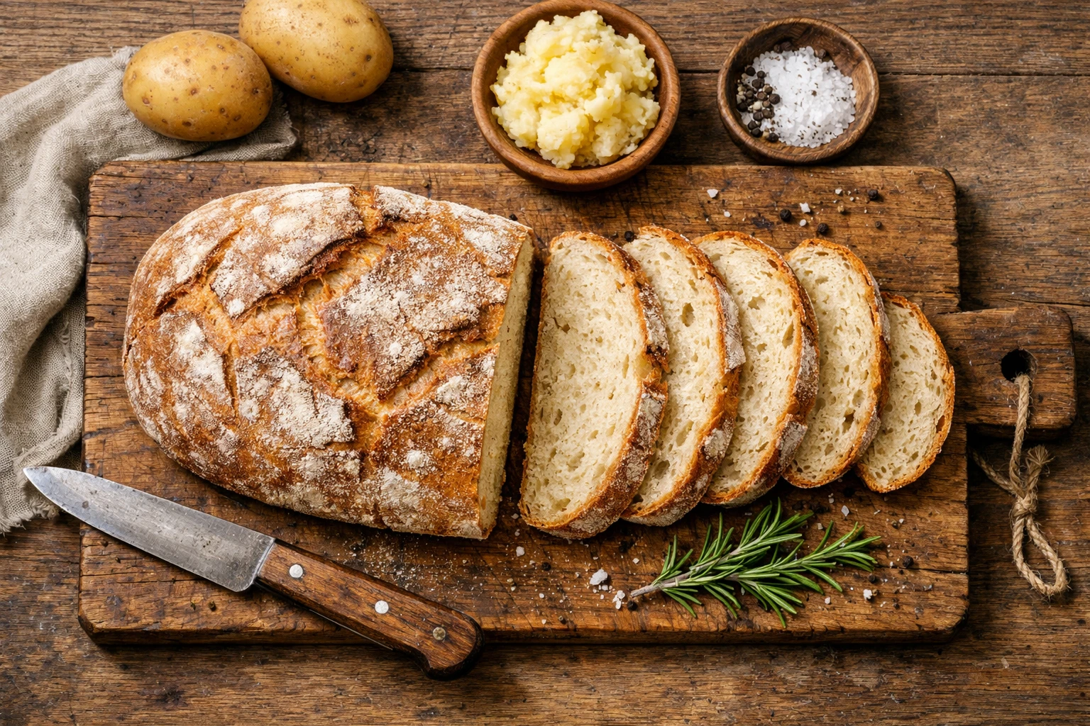 Pain allemand Kartoffelbrot frais tranché sur table en bois rustique - 230 calories pour 100 g
