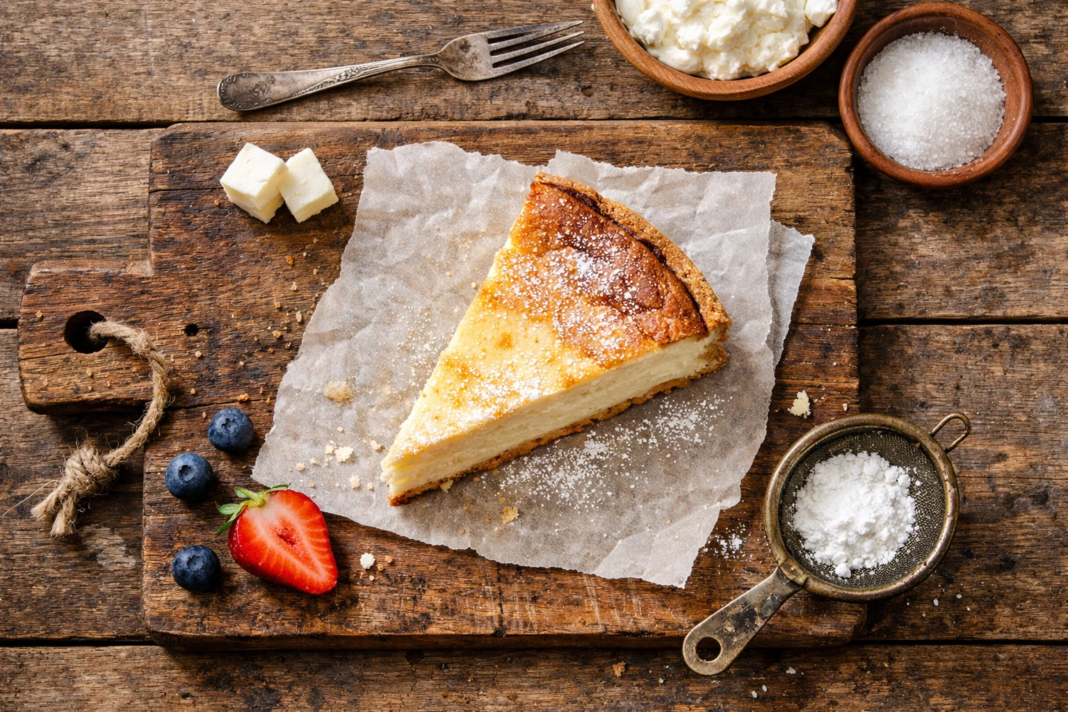 रस्टिक वुडन टेबल पर फ्रेश käsekuchen जर्मन चीज़केक स्लाइस - 280 कैलोरी प्रति स्लाइस