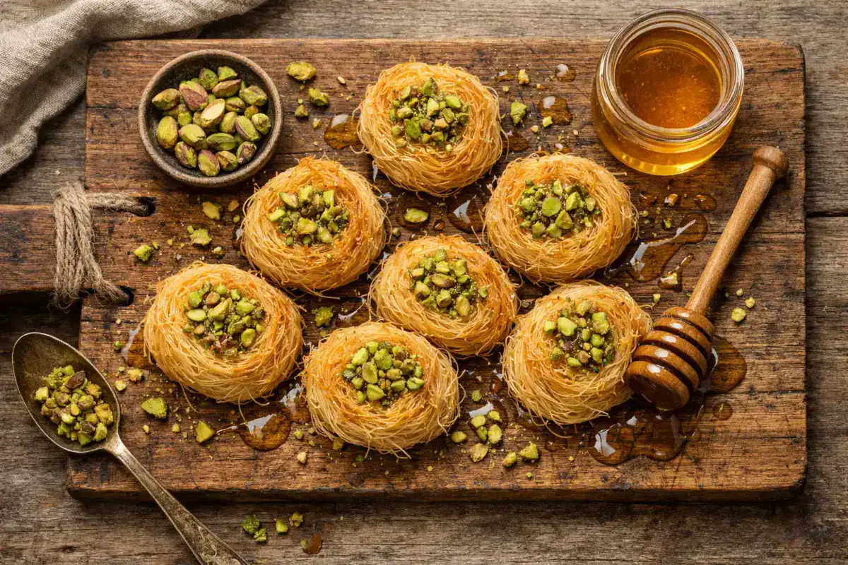 Postre kataifi fresco sobre mesa de madera rustica - 420 calorias por porcion de 100 g